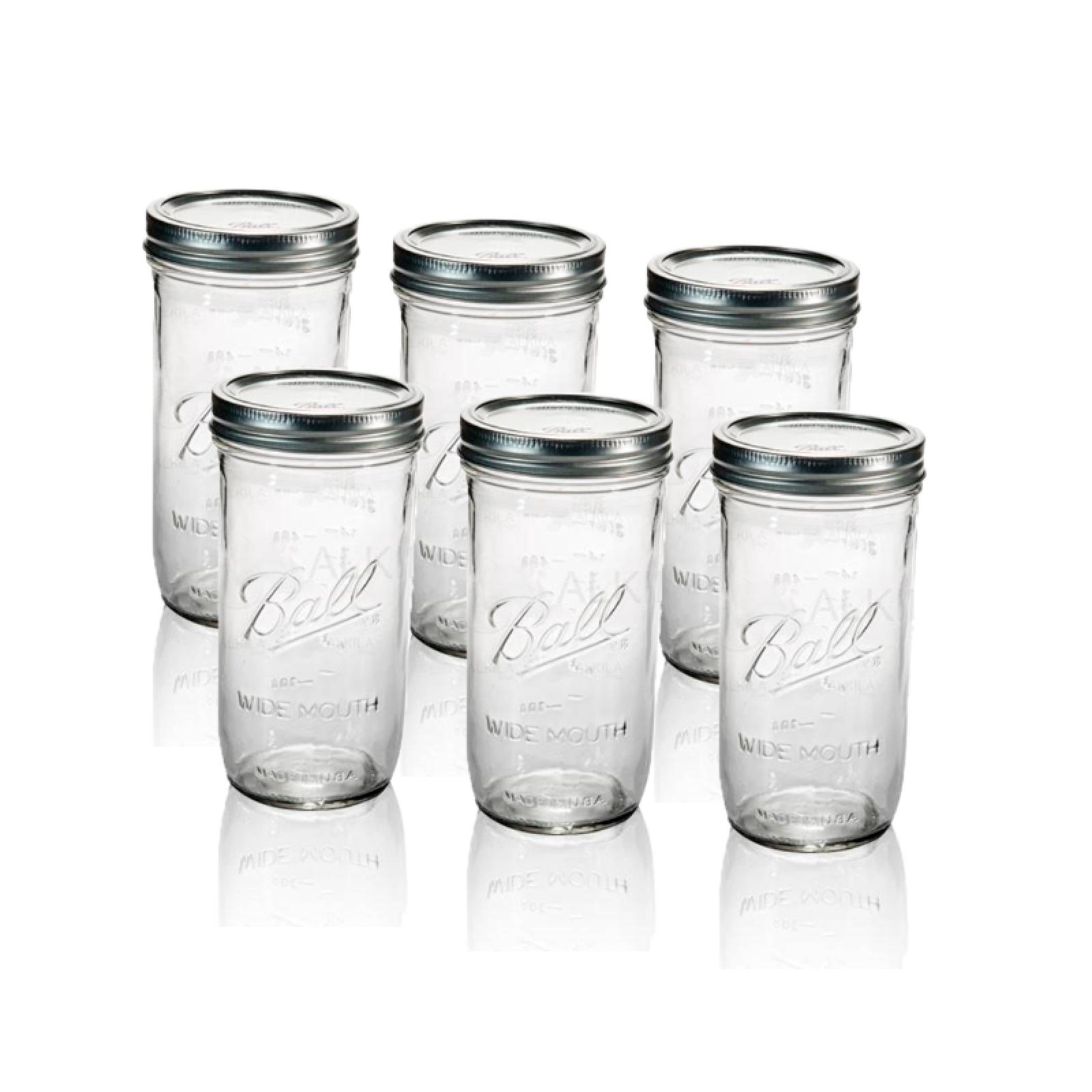 6 Pack Frasco Vidrio Mason Jar Tapa Boca Ancha Transparente 24oz/682ml Ball