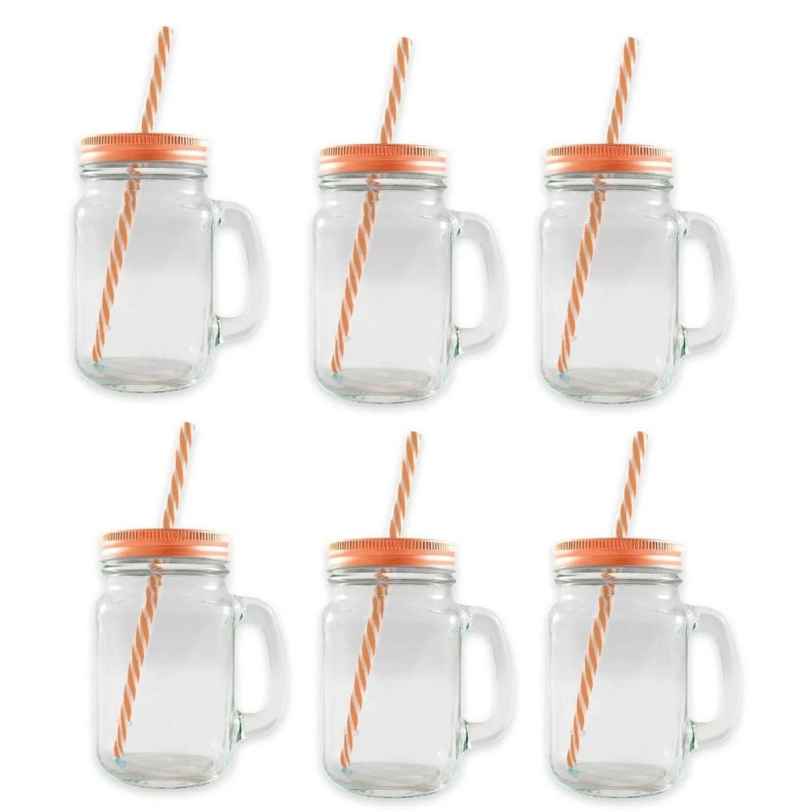 6 pz Frasco de Vidrio Mason Jar Liso 16oz C/asa Tapa Cobre y Popote