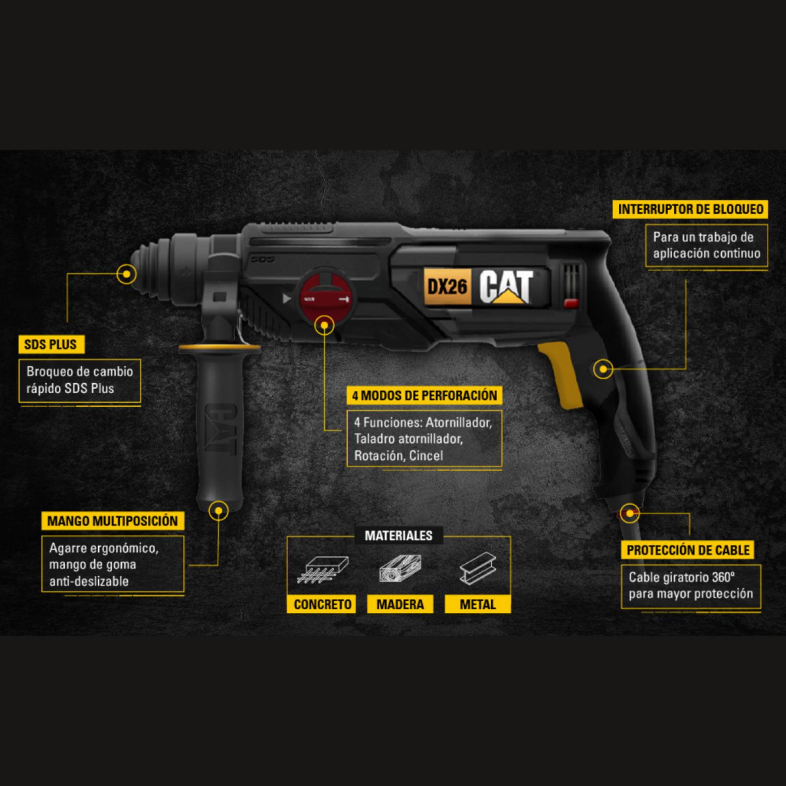 Taladro Martillo Giratorio Sds Caterpillar DX26u 800w/1200rpm