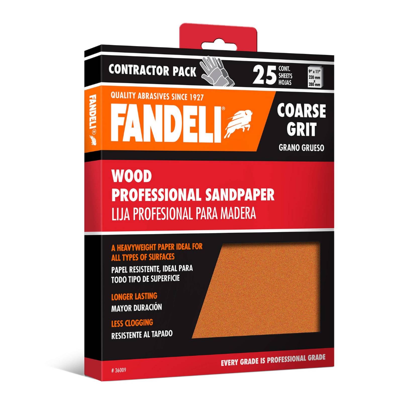 Paquete de 25 Hojas de Lija para Madera Grado Grueso de 9"x11" 36009 Fandeli