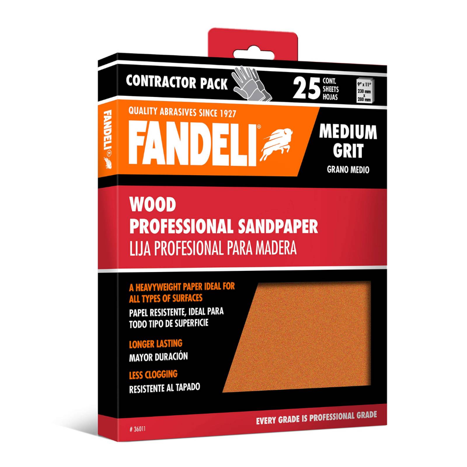 Paquete de 25 Hojas de Lija para Madera Grado Medio de 9"x11" 36011 Fandeli