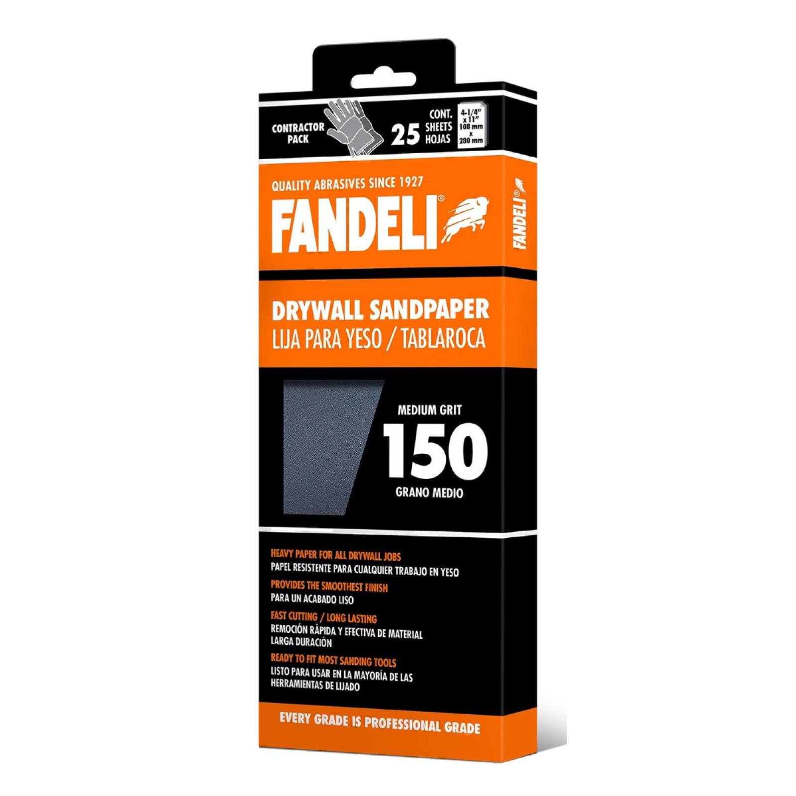 Paquete de 25 Hojas de Lija para Paredes y Yeso Grado 150 de 4 1/4" x 11" 36574 Fandeli
