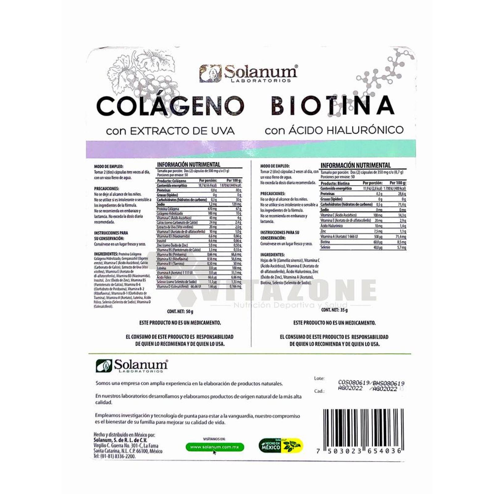 Colágeno, Biotina y Ácido Hialurónico 200 caps Duo Solanum 