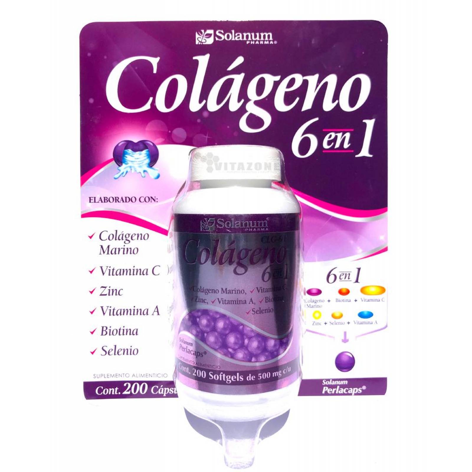 Colágeno 6 en 1 200 cápsulas de perla Solanum 