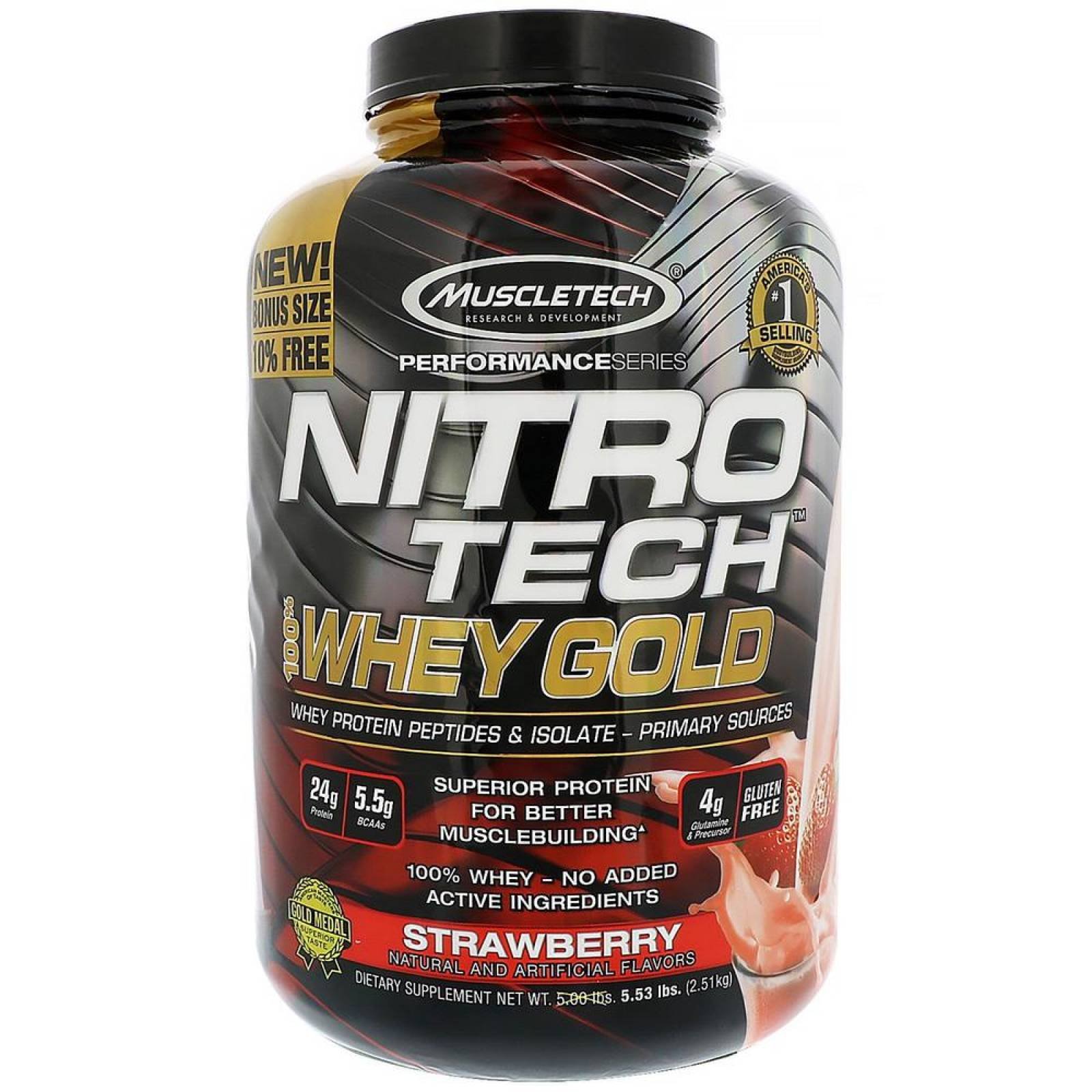 Proteína NitroTech 100% Whey Gold 5.5 Lbs Sabor Fresa Muscletech. 
