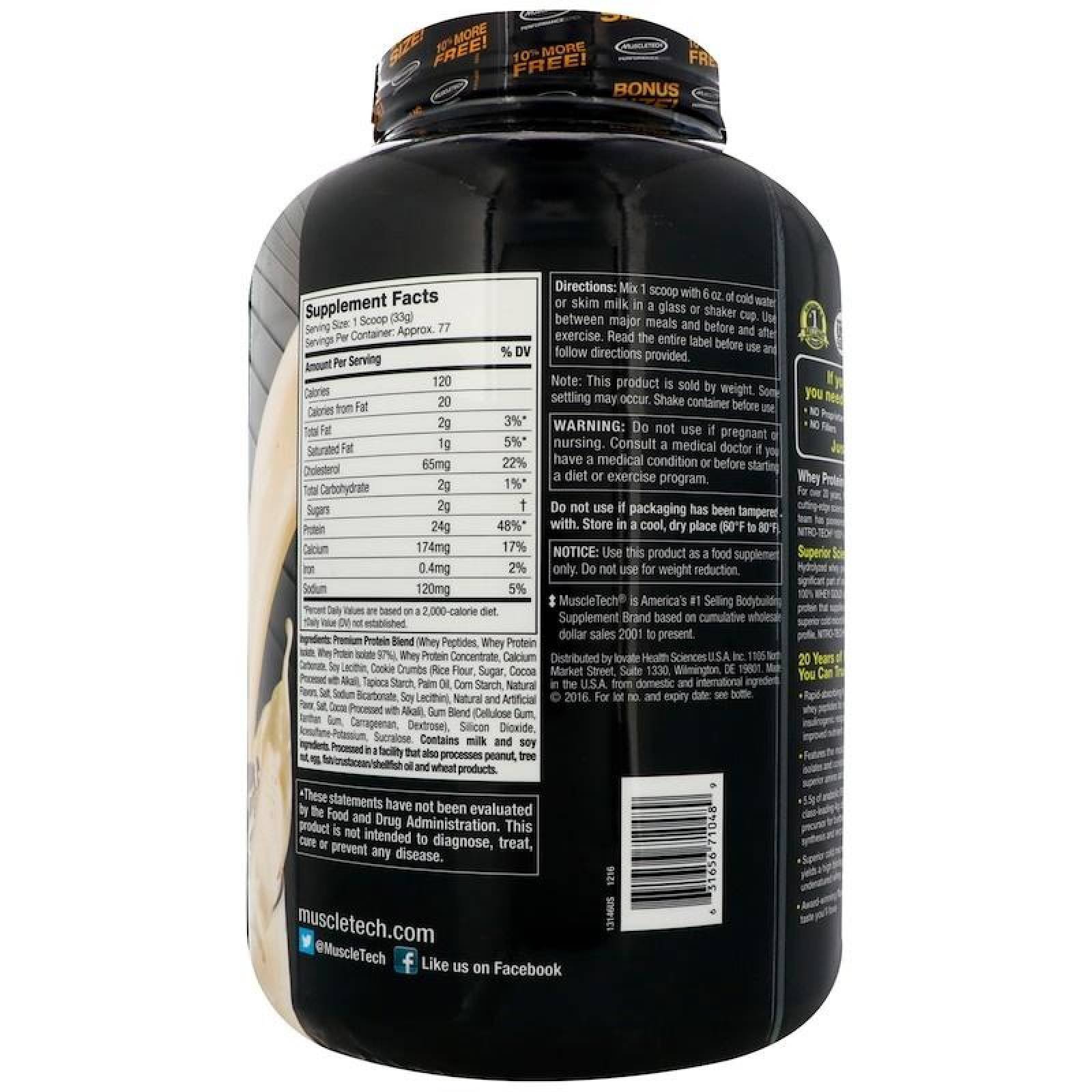 Proteína NitroTech 100% Whey Gold5.5 Lbs Sabor Cookies And Cream Muscletech. 