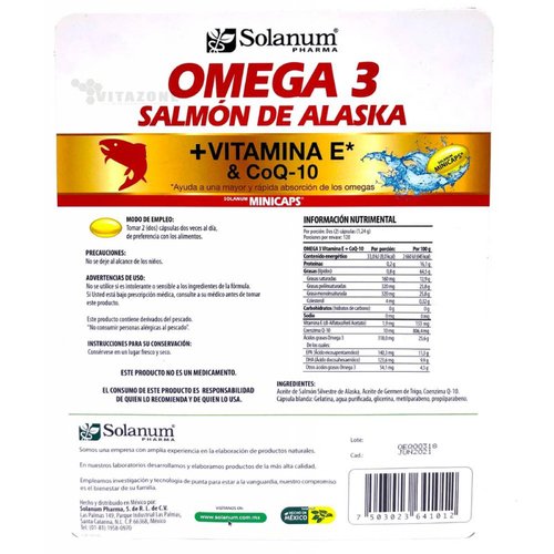 Omega 3 Salmón de Alaska, Vitamina E y CoQ10 240 cápsulas Solanum 