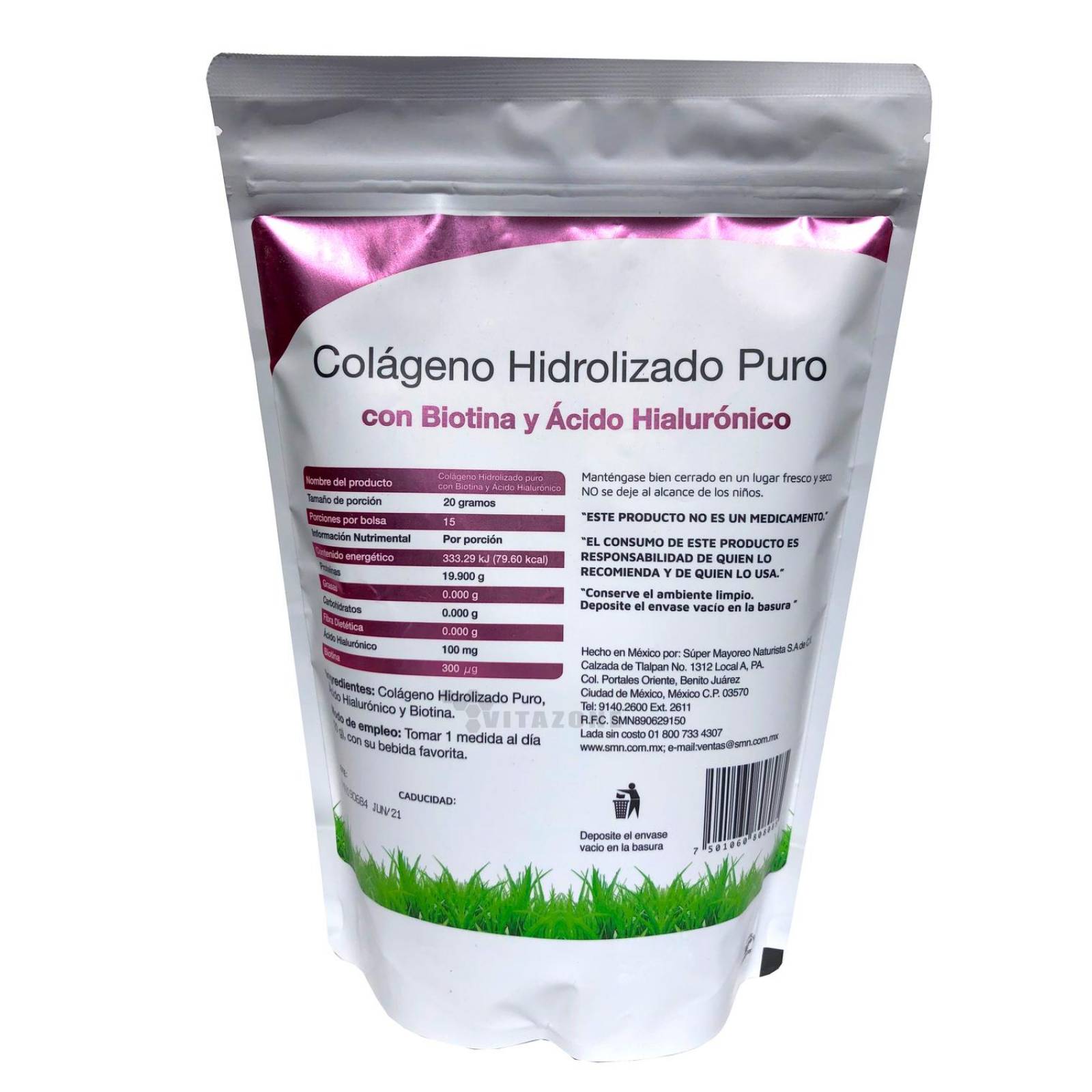 Colágeno Hidrolizado Puro, Biotina, Acido Hialurónico (3 Bolsas) de 300 grs 