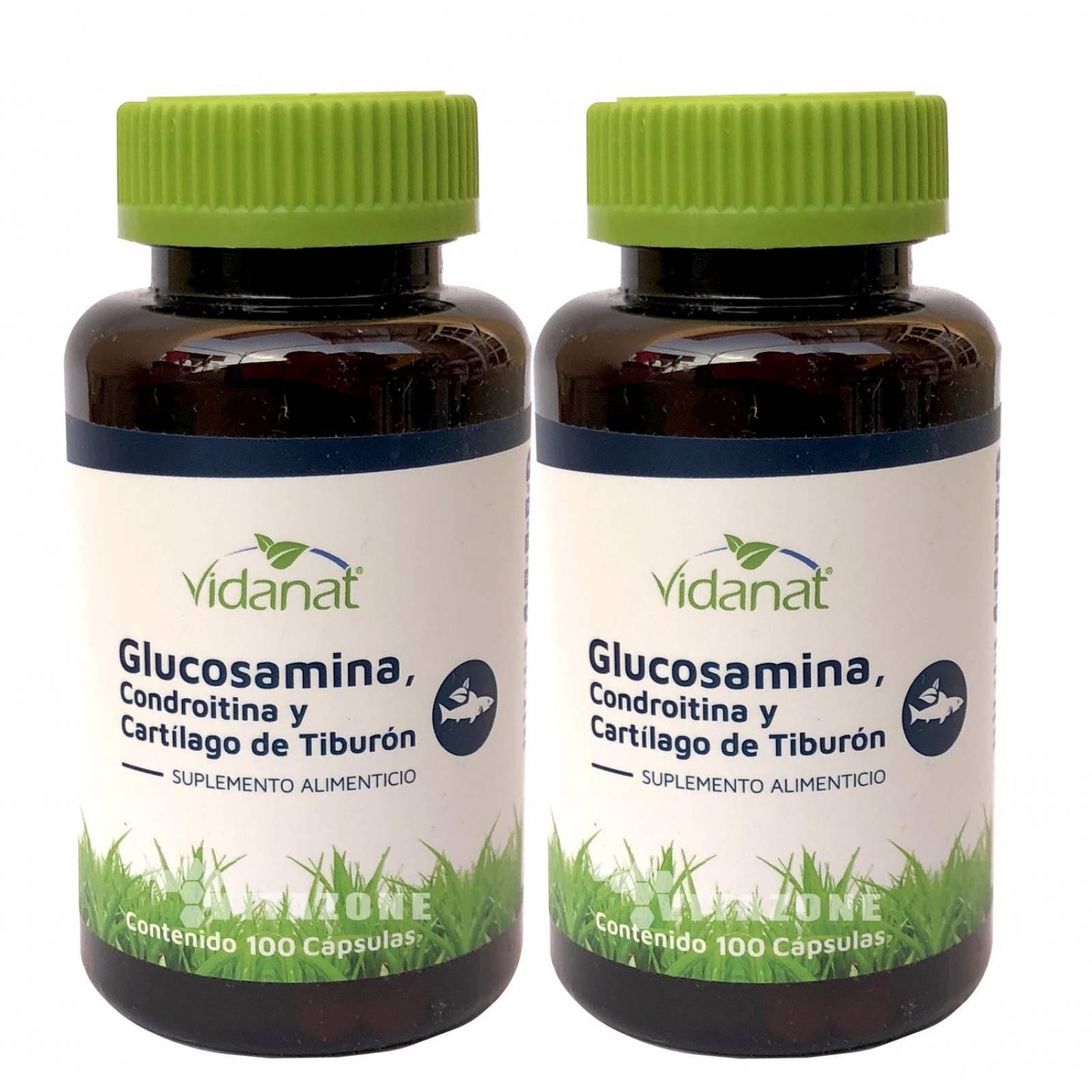 Glucosamina, Condroitina y Cartílago de Tiburón 100 caps Vidanat. (2 Frascos)