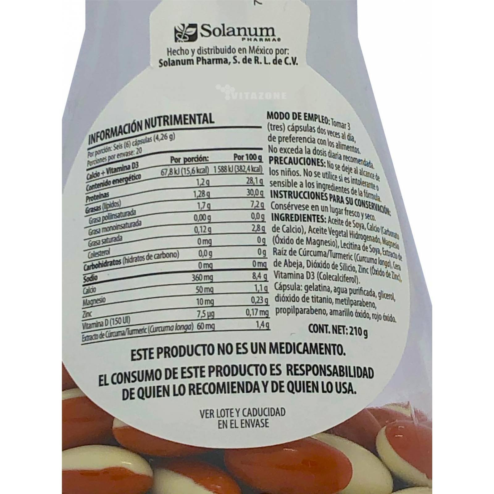 Calcio Vitamina D3 y Cúrcuma 120 minicaps Solanum 
