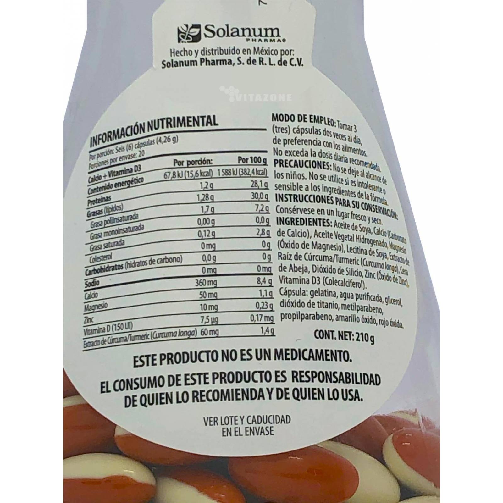 Calcio Vitamina D3 y Cúrcuma 120 minicaps Solanum 