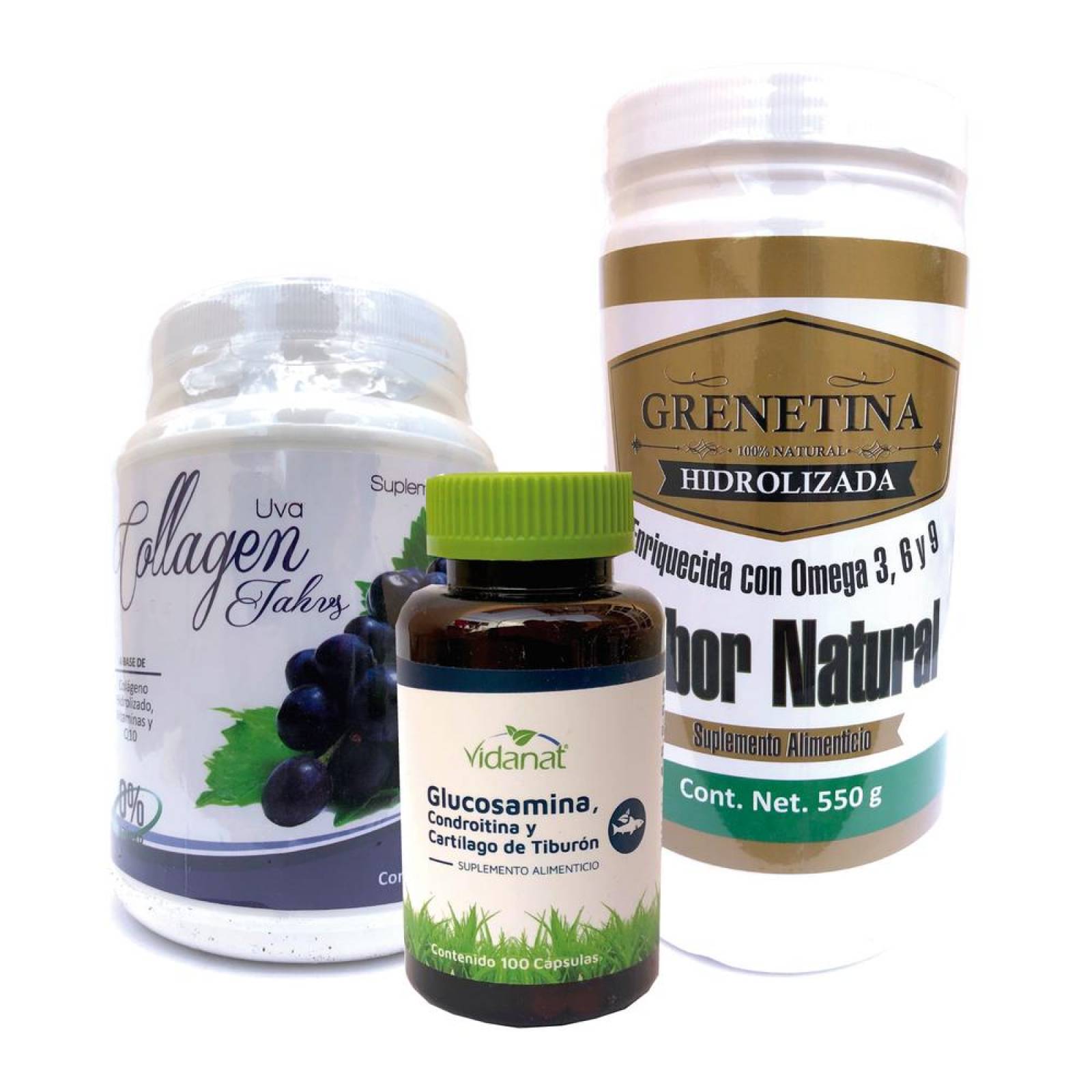 Glucosamina, Colágeno y Grenetina Kit Articulaciones Multicolor Grenetina Uva - Colágeno Té Verde