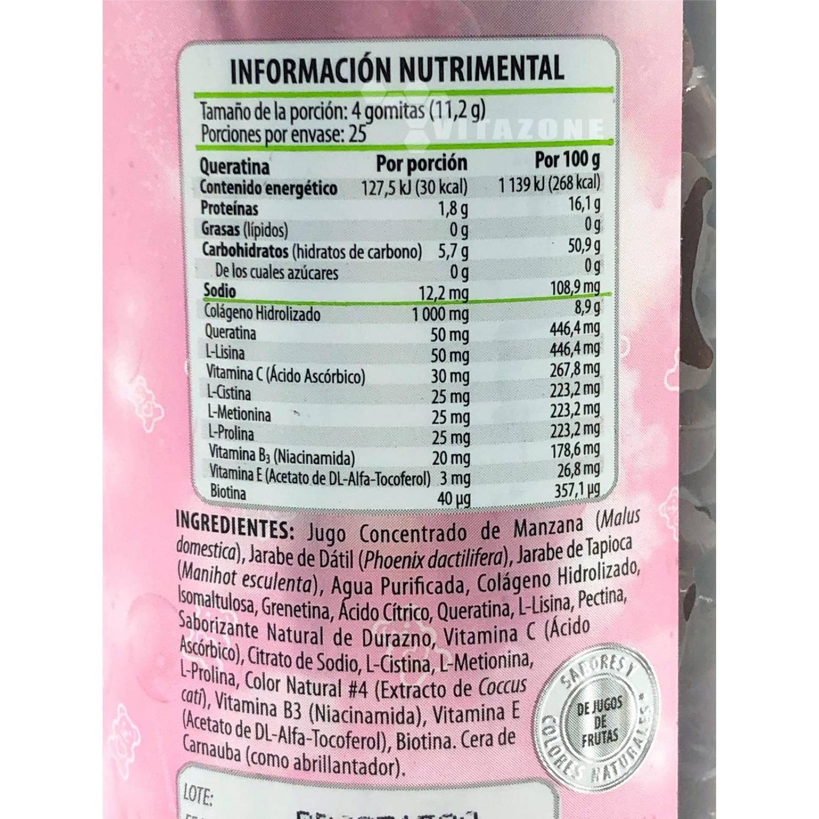 Queratina Biotina Niacinamida Vit C sin azúcar 100 gomitas Belabear 