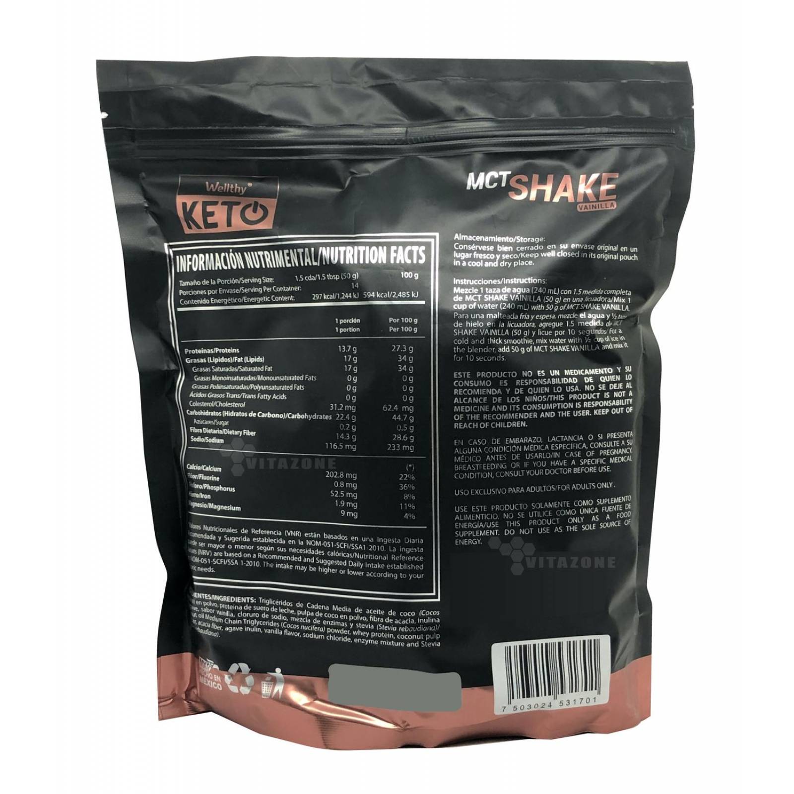 Proteína Keto MCT Shake Vainilla 700 grs Sin azúcar Wellthy 