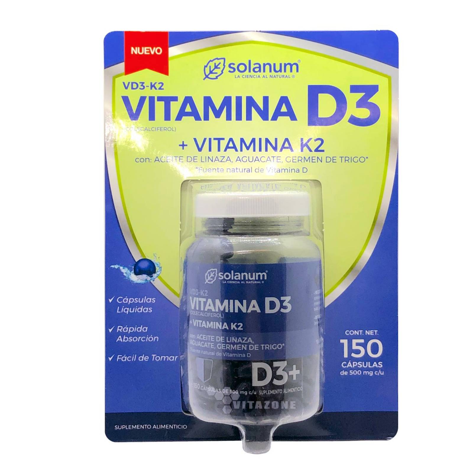 Vitamina D3 y Vitamina K2 Solanum 150 cápsulas 