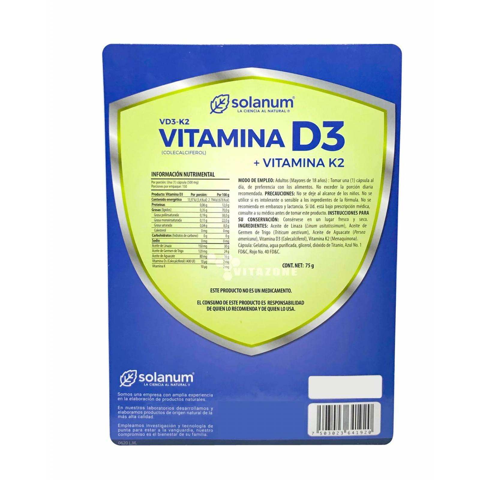 Vitamina D3 y Vitamina K2 Solanum 150 cápsulas 