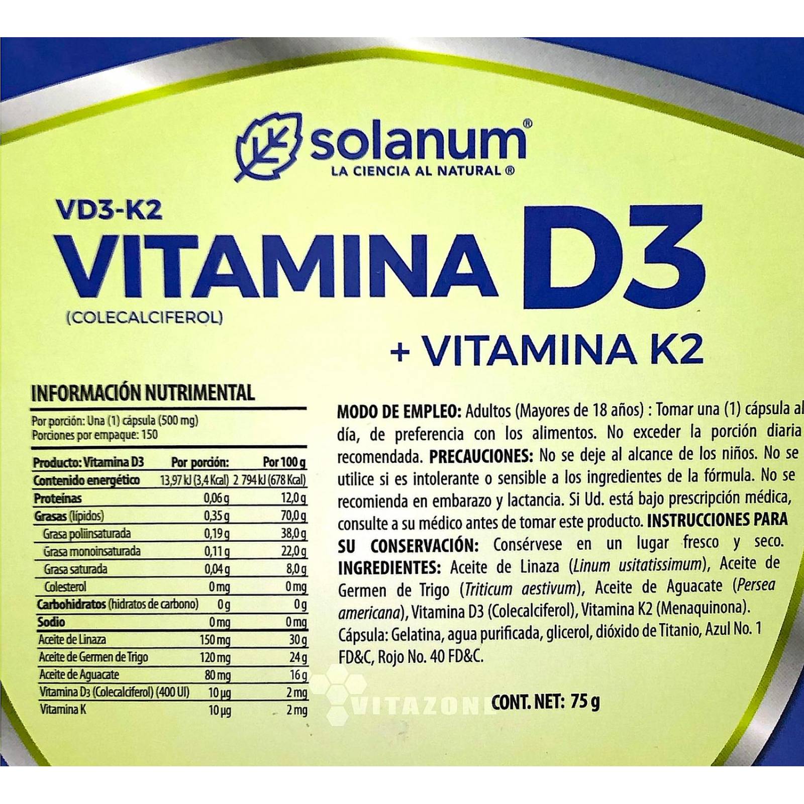 Vitamina D3 y Vitamina K2 Solanum 150 cápsulas 