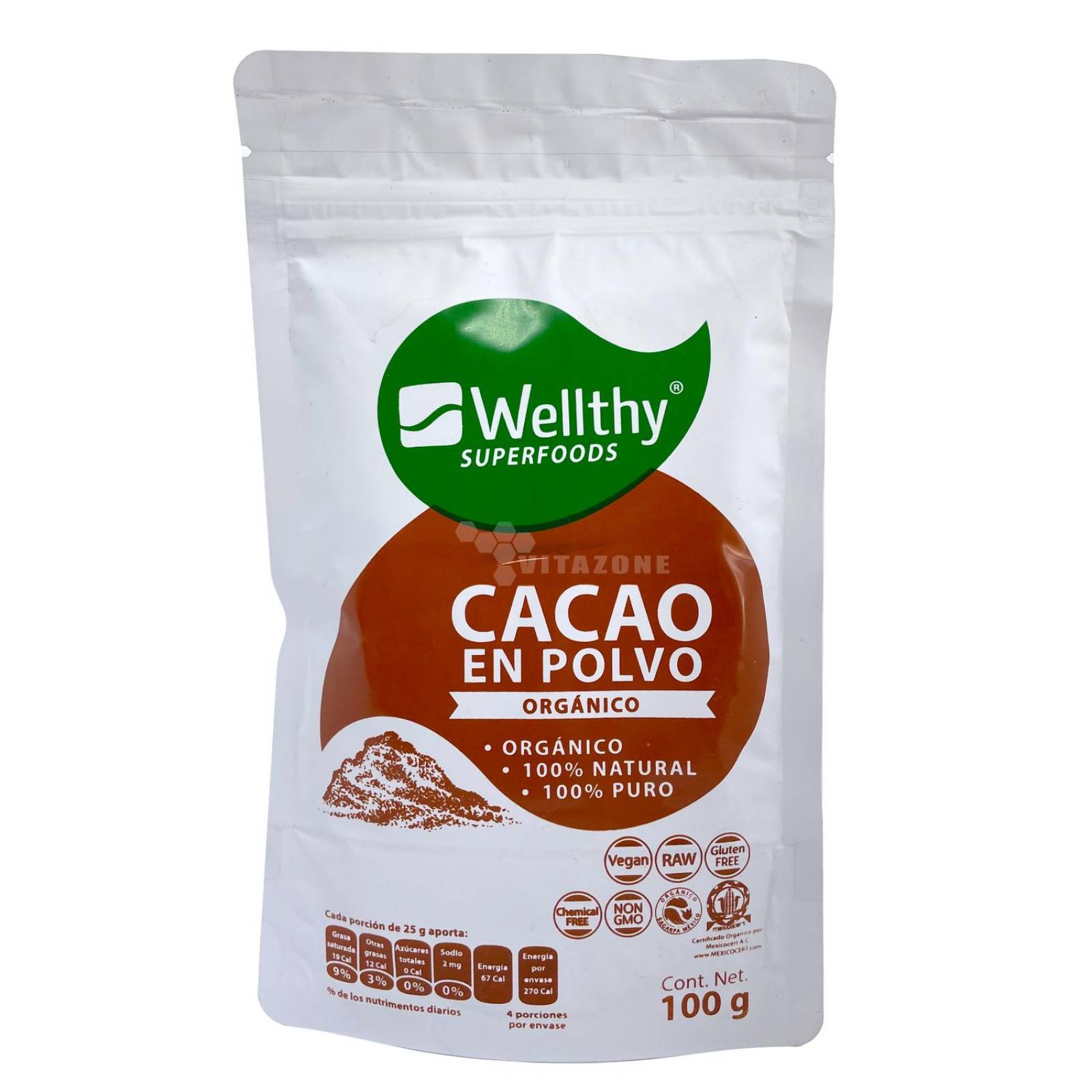 Cacao en polvo Orgánico 100 grs Welthy Superfoods Cert. 