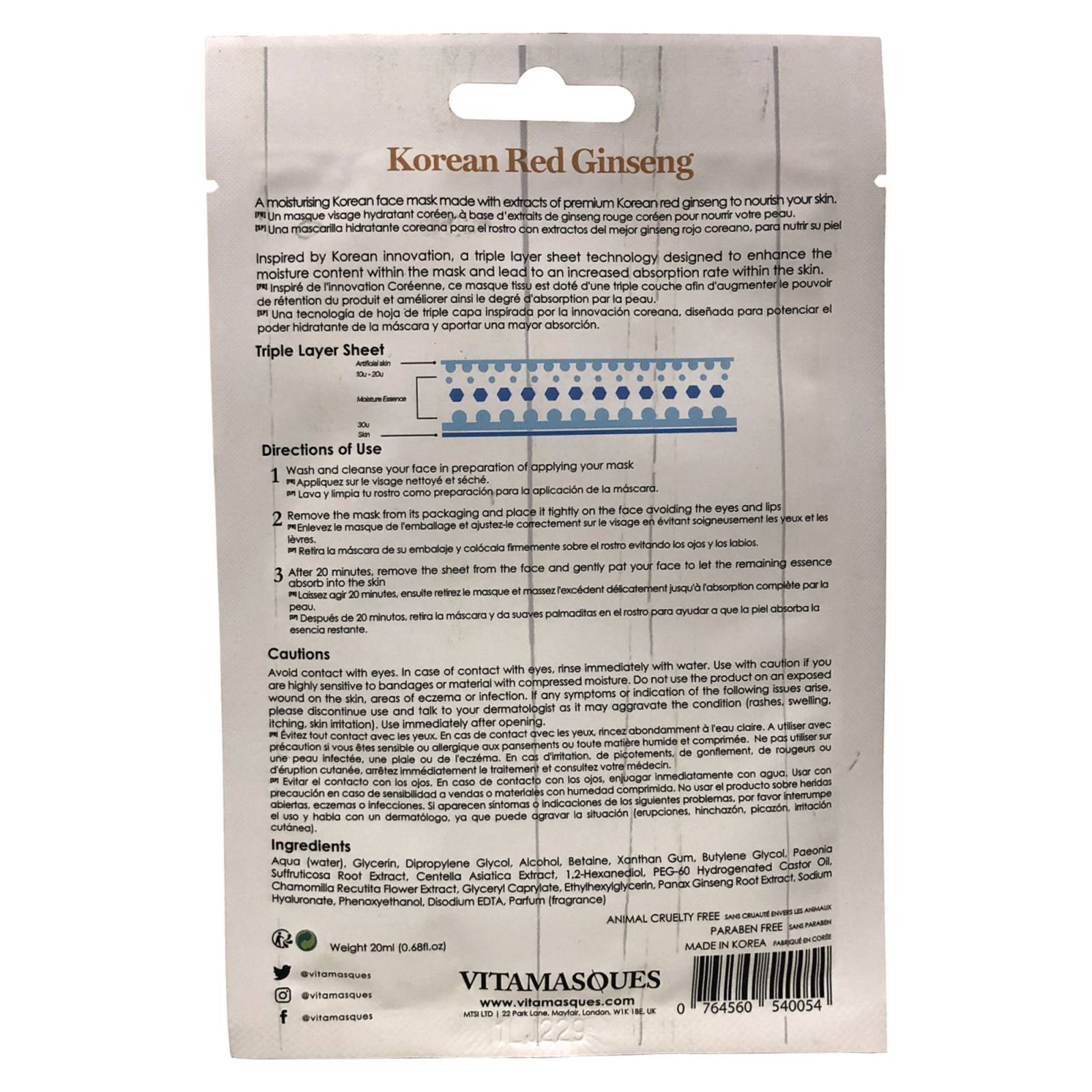 Set 4 sobres de mascarilla Ginseng Rojo Coreano HIDRATA Y HUMECTA Vitamasque