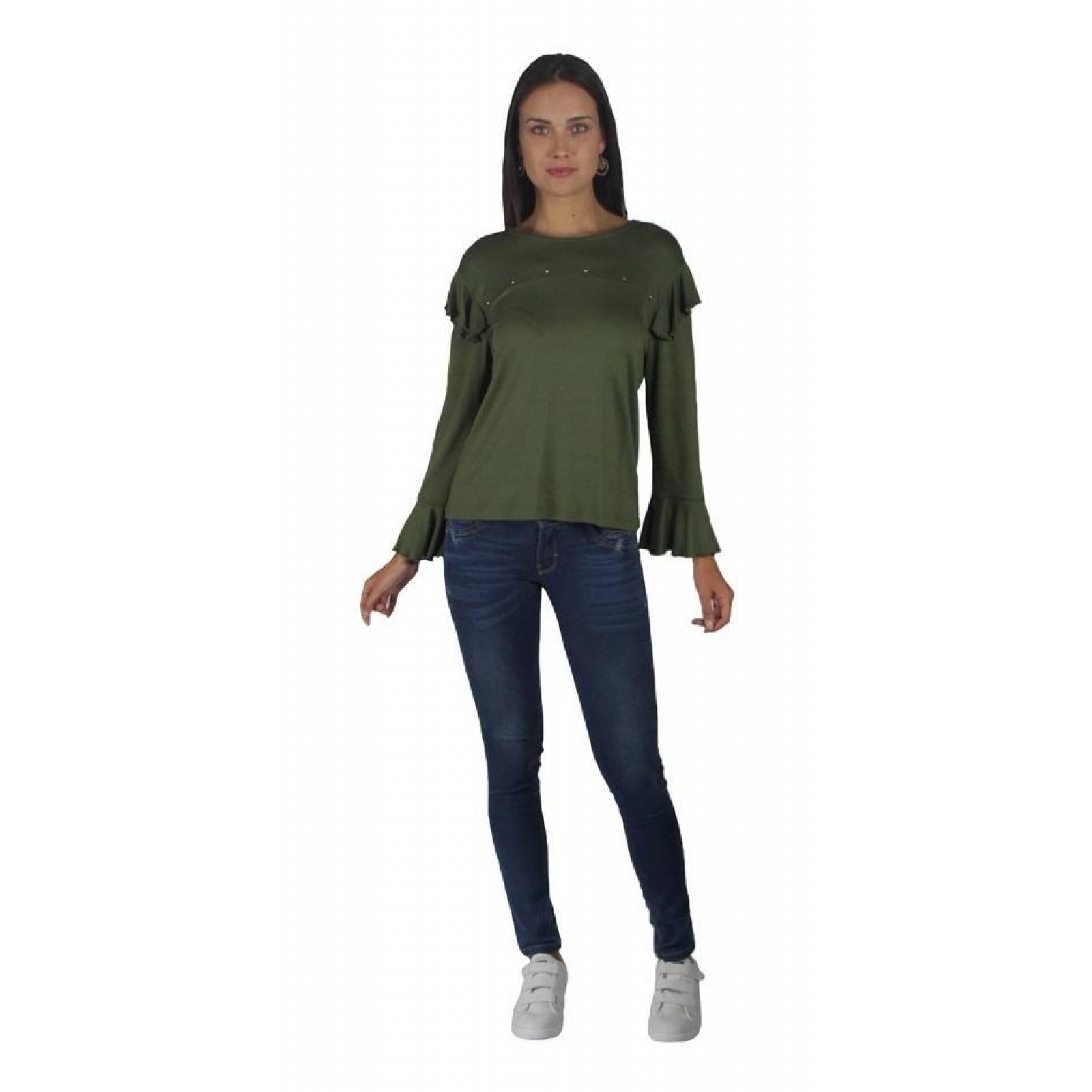 Blusa Para Mujer Manga Larga Olanes Casual Verde 