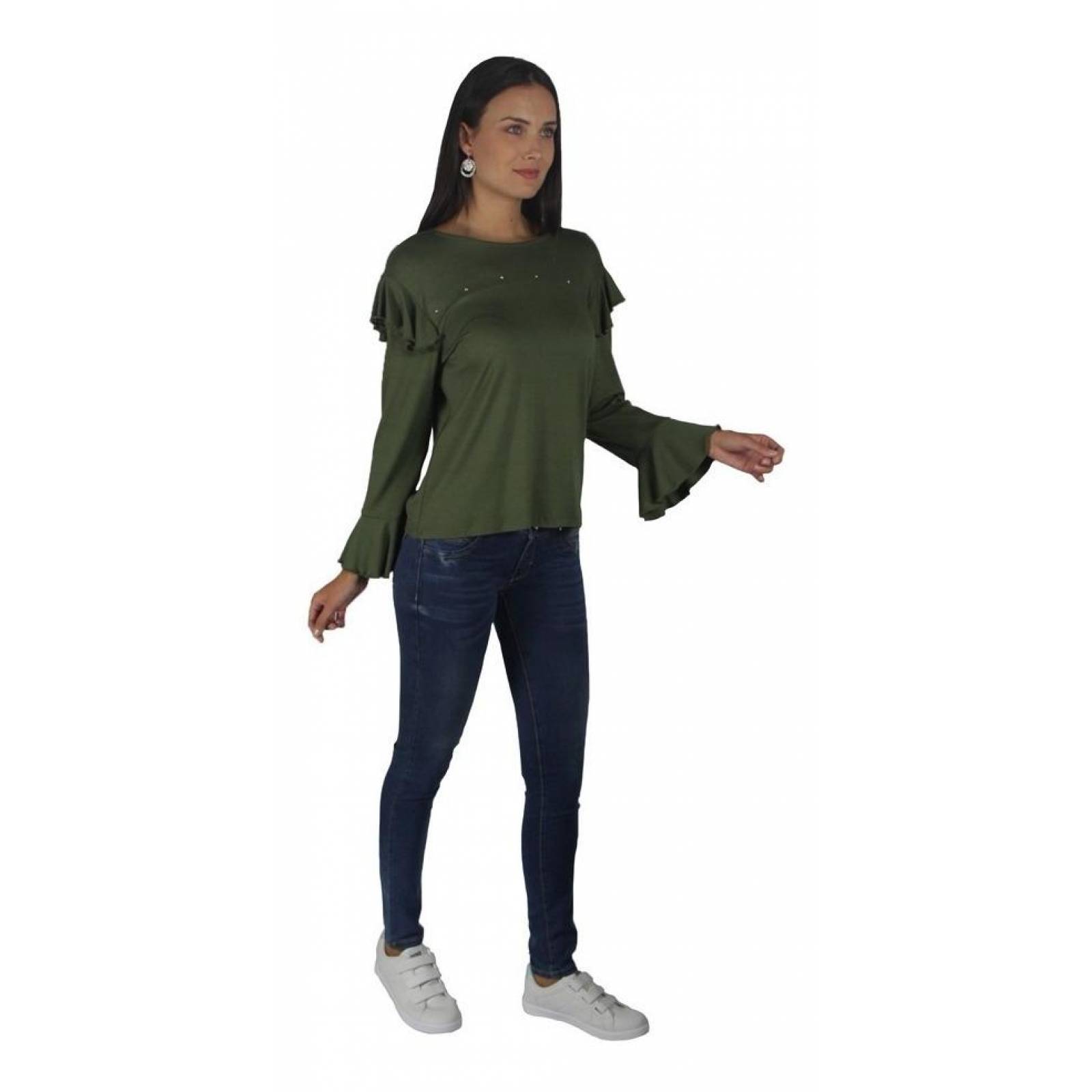 Blusa Para Mujer Manga Larga Olanes Casual Verde 