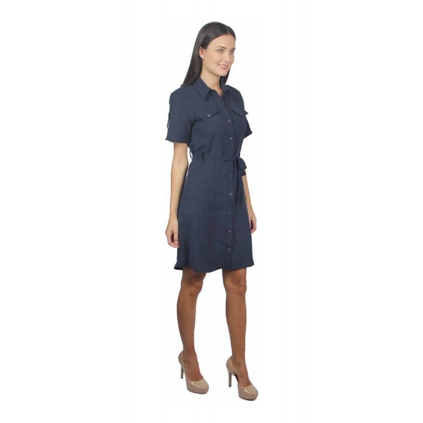 Vestido Para Mujer Camisero Casual Con Cinto Color Azul 
