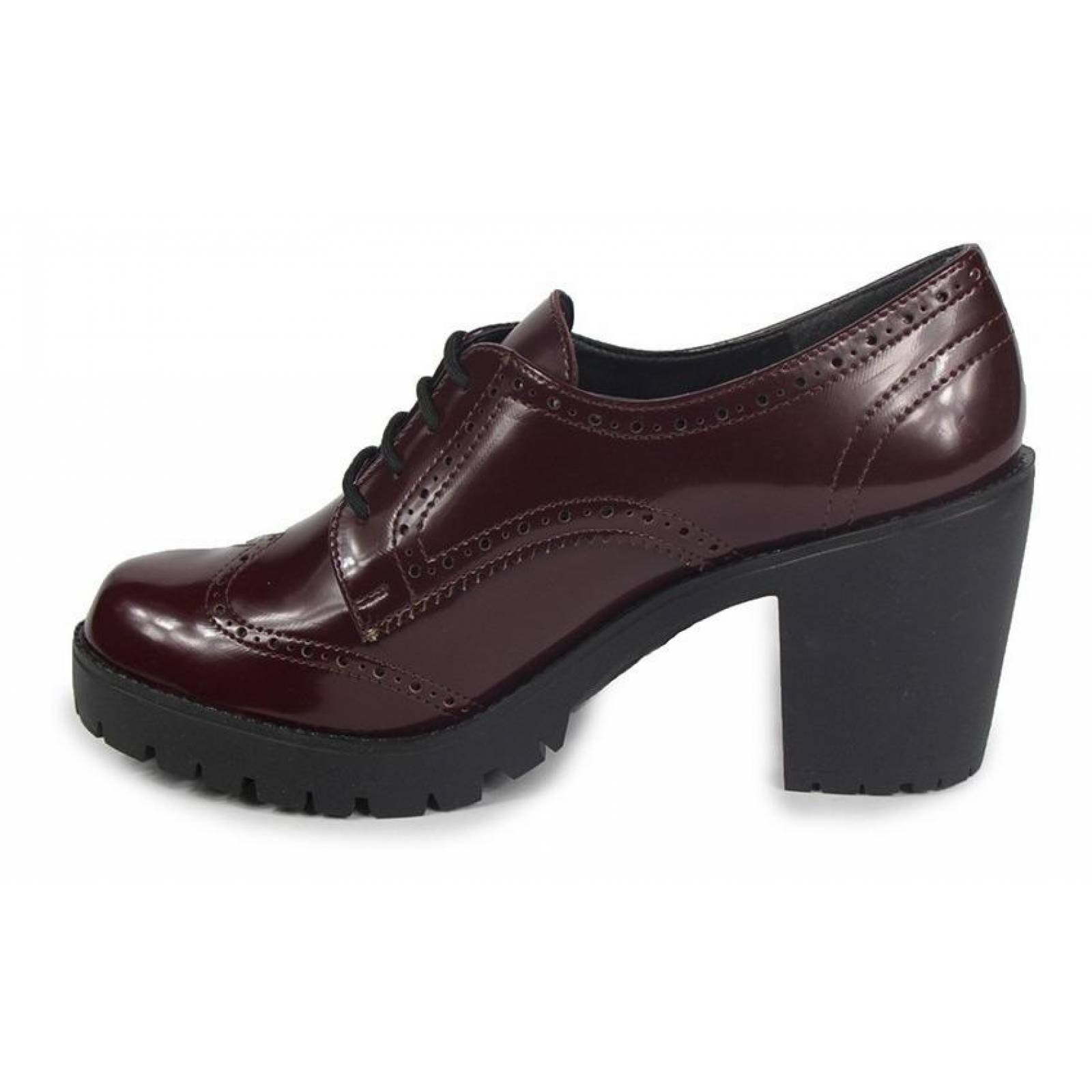 Zapatos Mujer Dama Bostonianos Tacón Ancho Vino Casuales