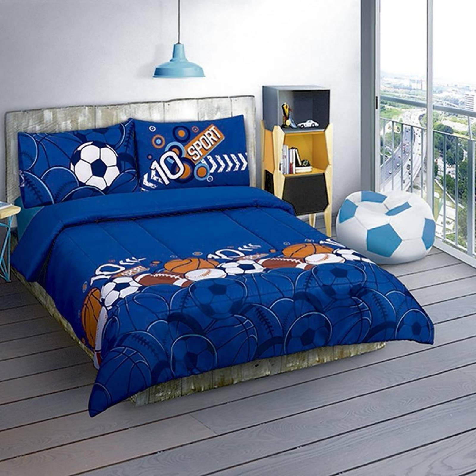 Edredón Individual Niño/juvenil Azul Balones Doble Vista Azul marino Microfibra