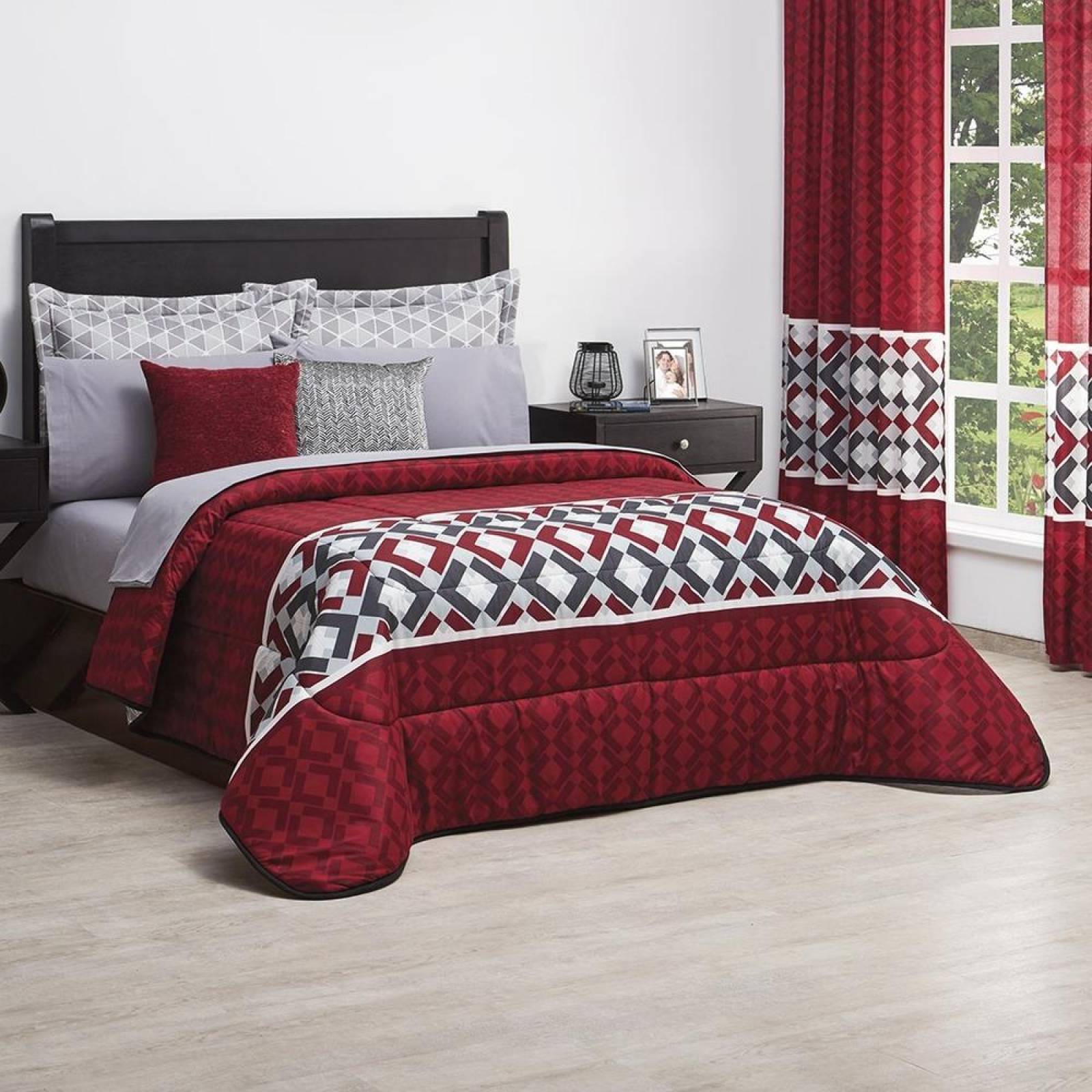 Edredón Doble Vista Geométrico Matrimonial Vino/gris Suave Rojo Microfibra
