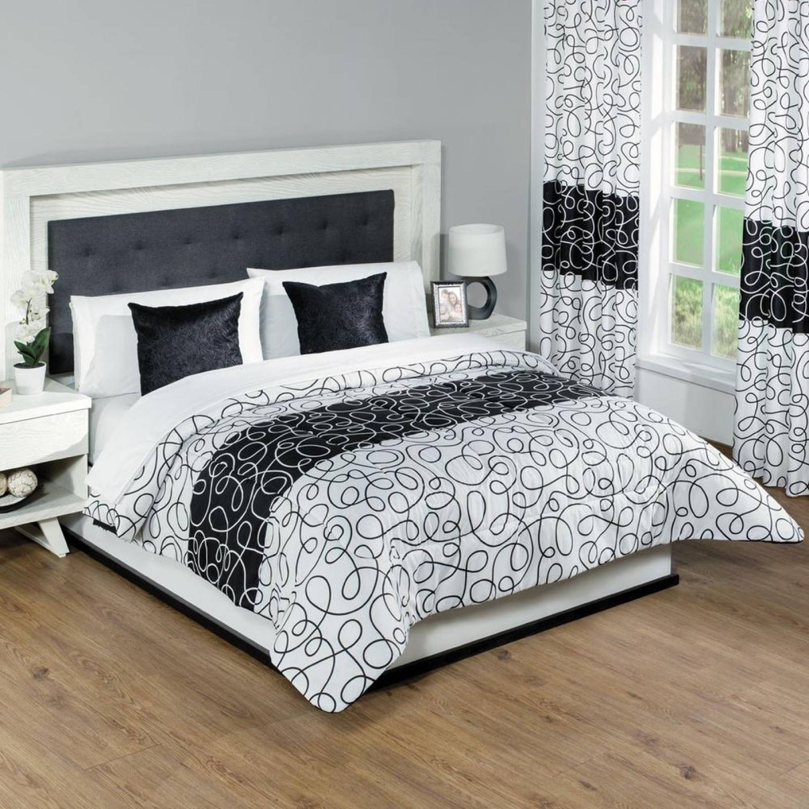 Edredón King Size Doble Vista Geométrico/liso Blanco/negro Microfibra