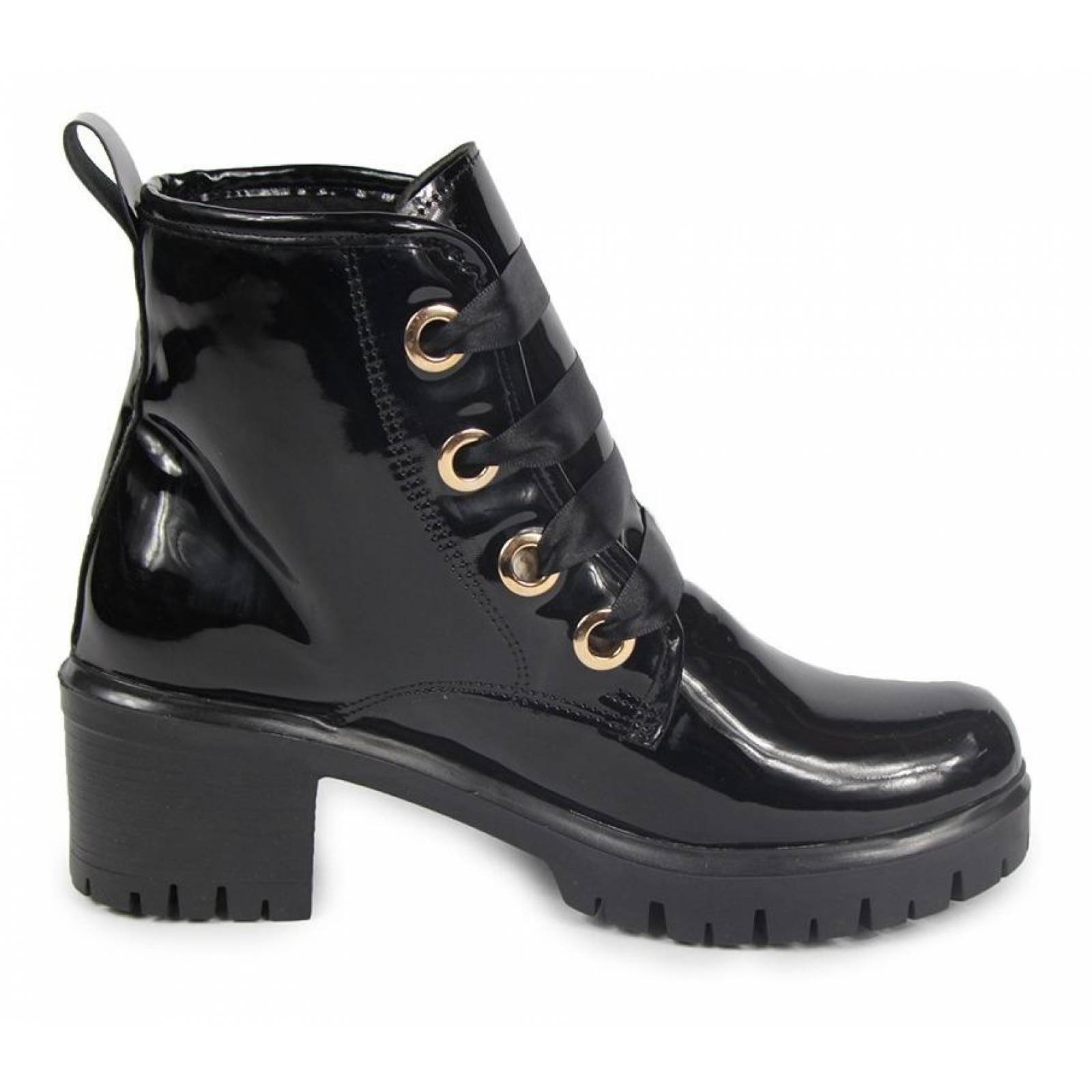 Botas Dama Mujer Charol Negro Tacón Ancho Casuales 