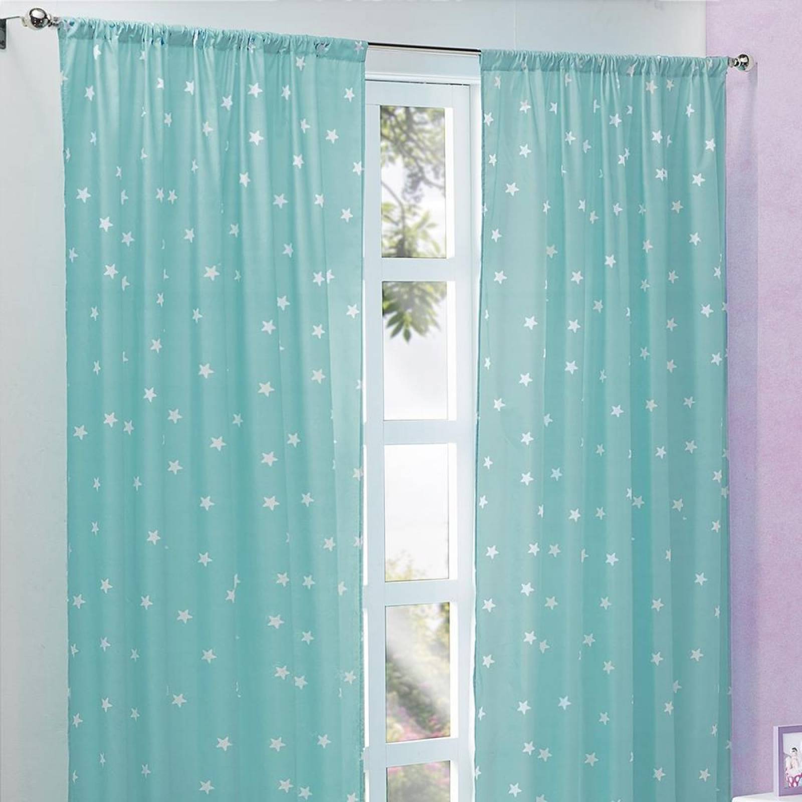 Cortina Decoración Transparencia Media Estrellas Azul/blanco Celeste