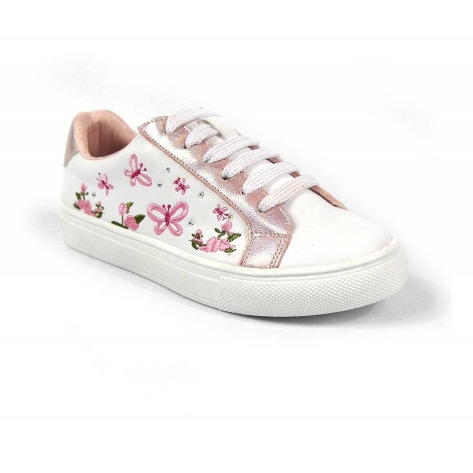 Tenis Para Niña Casuales Tipo Piel Detalles Rosa Y Blanco 