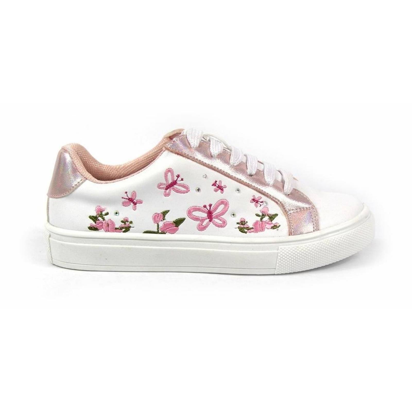 Tenis Para Niña Casuales Tipo Piel Detalles Rosa Y Blanco 