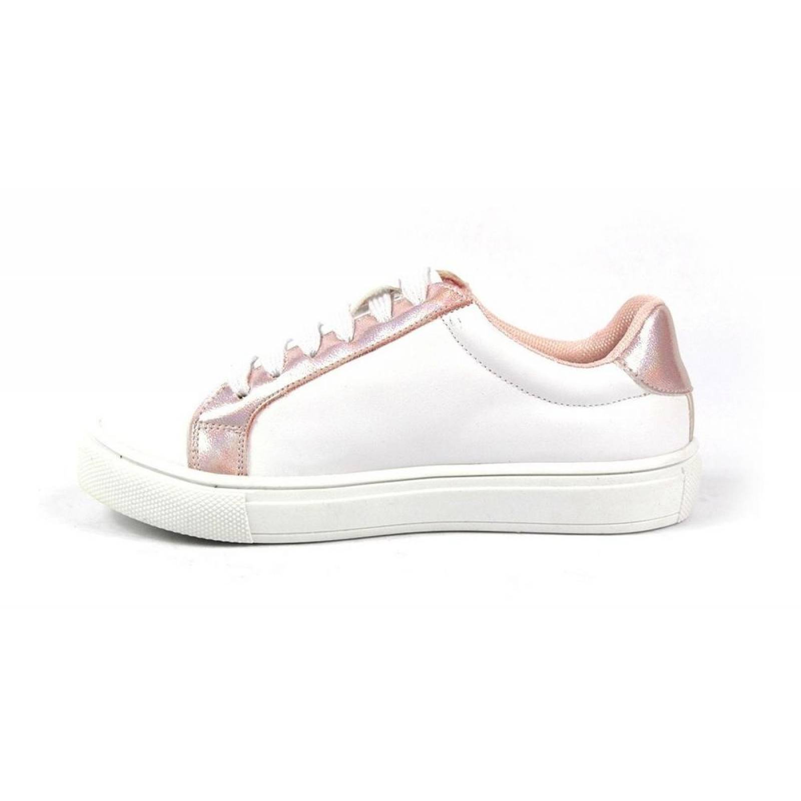 Tenis Para Niña Casuales Tipo Piel Detalles Rosa Y Blanco 