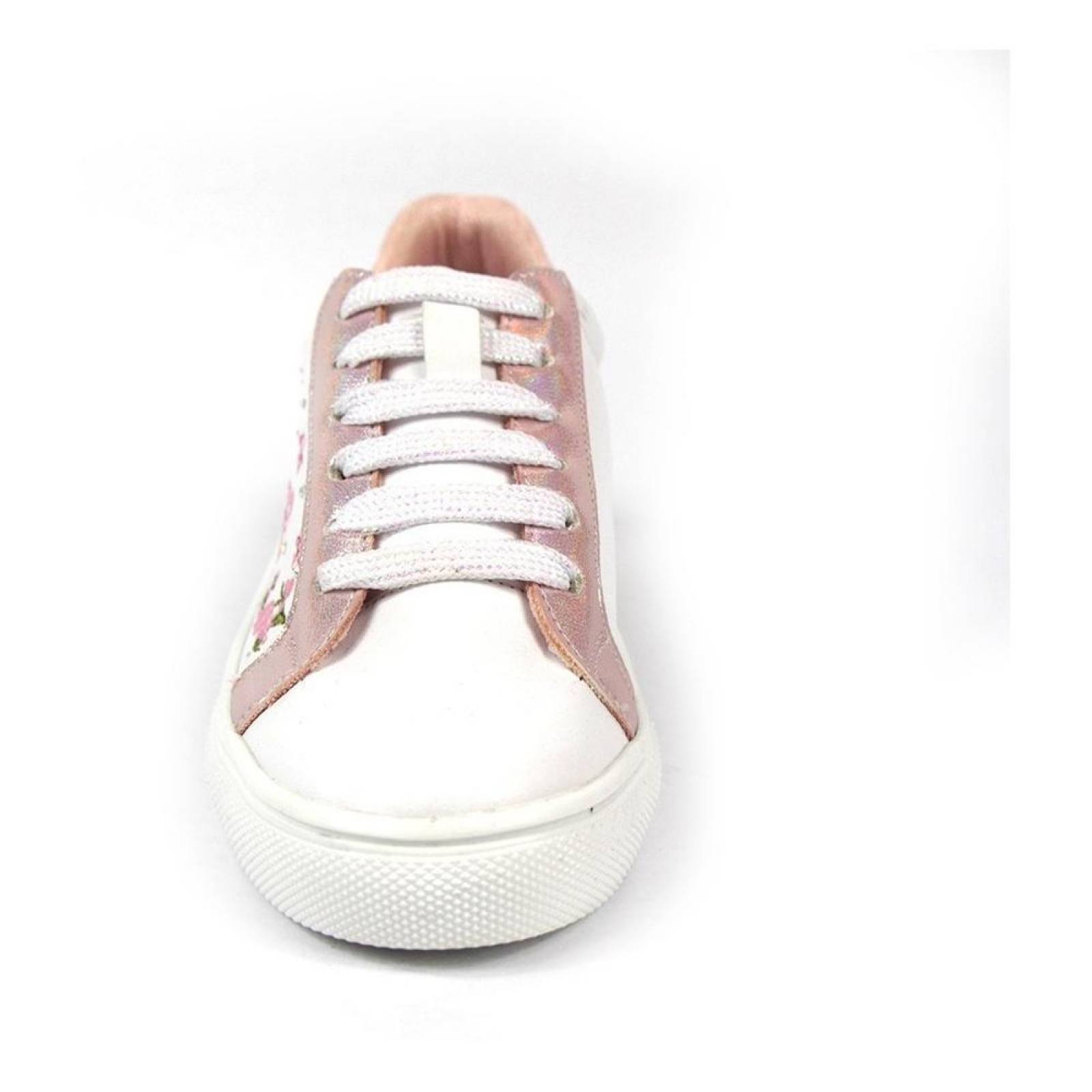 Tenis Para Niña Casuales Tipo Piel Detalles Rosa Y Blanco 