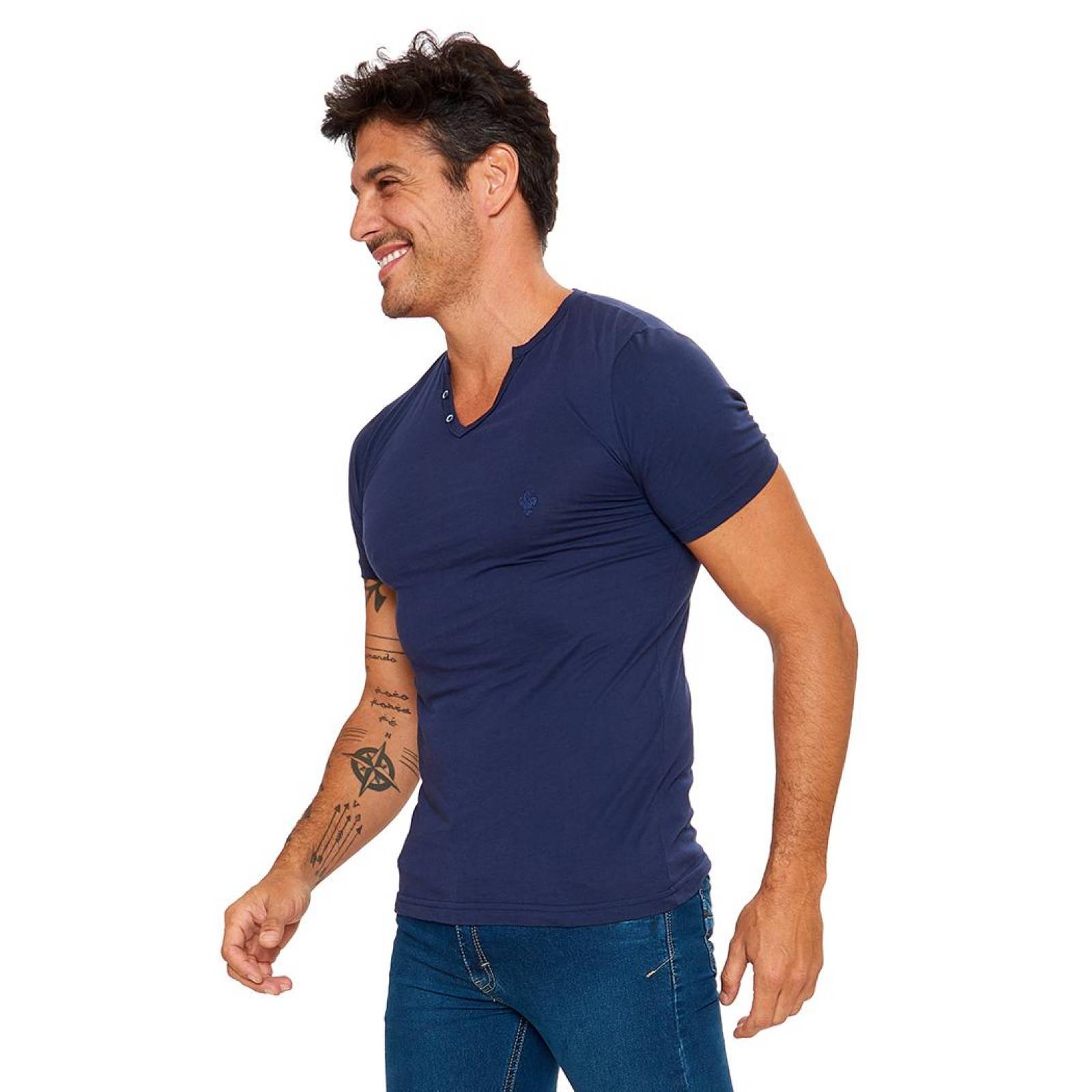 Playera para hombre con cuello V, azul marino, manga corta 