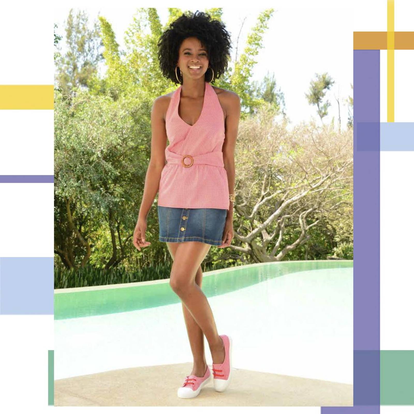 Blusa halter con cinto para mujer con escote V y confeccionada en popelina 