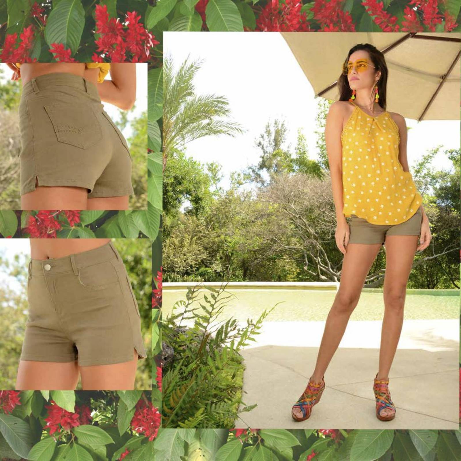 Short mujer tipo gabardina stretch casual verde push-up 