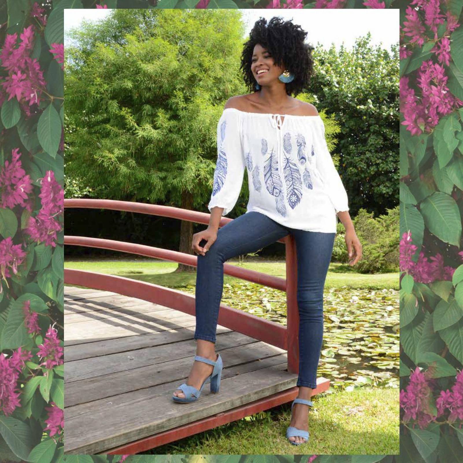 Blusa Mujer Casual Hombros Caidos Estampada Blanca Ligera 