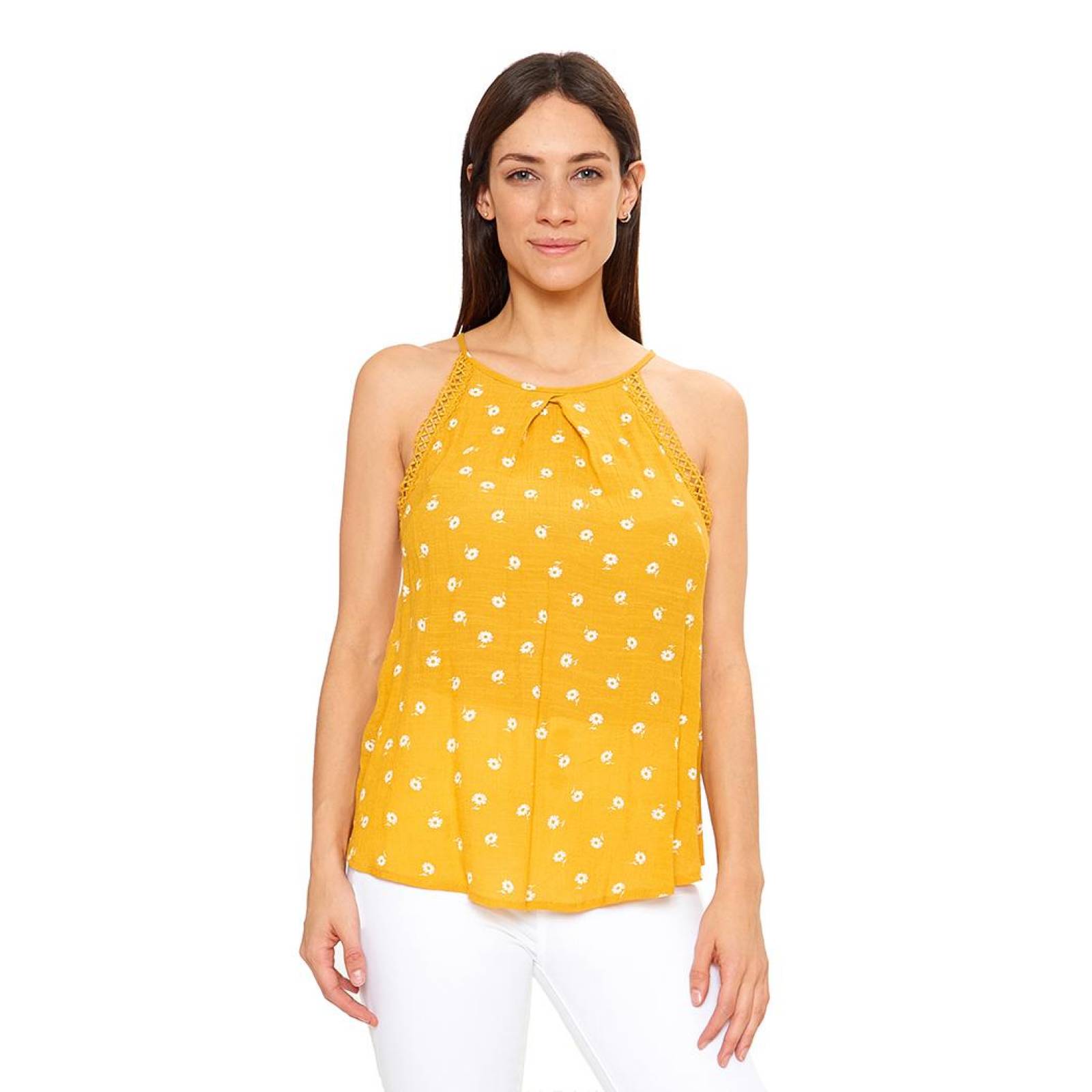Blusa Para Mujer Ligera Floreada Casual Mostaza Sin Mangas 