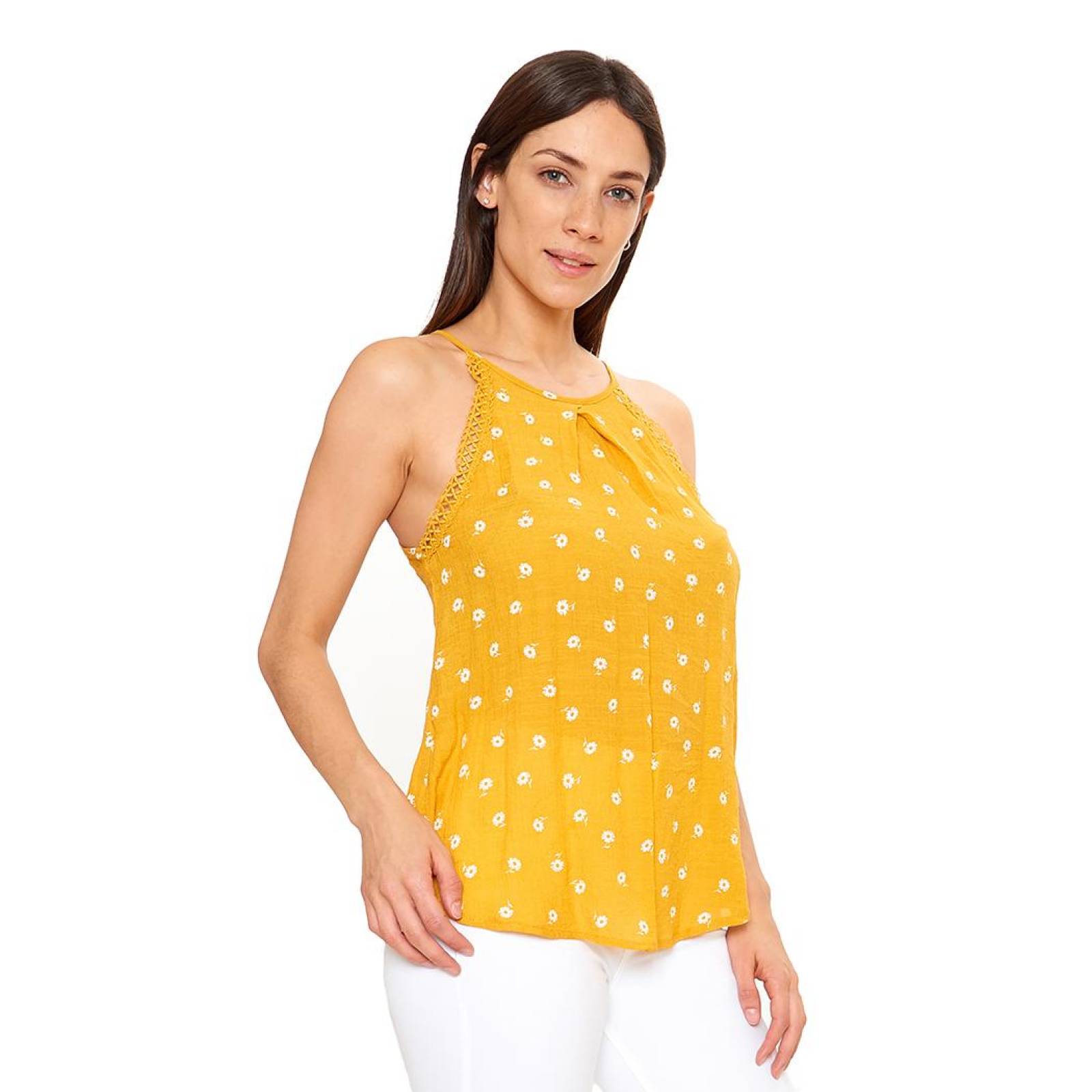 Blusa Para Mujer Ligera Floreada Casual Mostaza Sin Mangas 