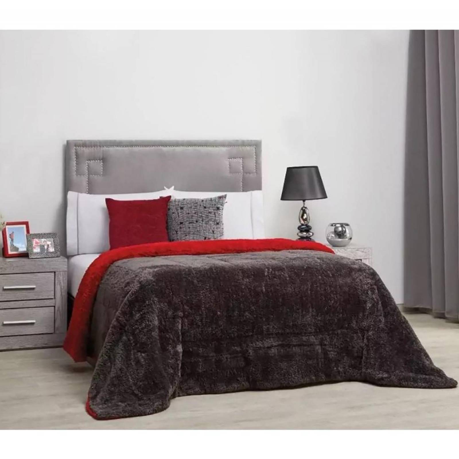 Cobertor Para Cama Matrimonial Bicolor Gri / Rojo De Borrega 