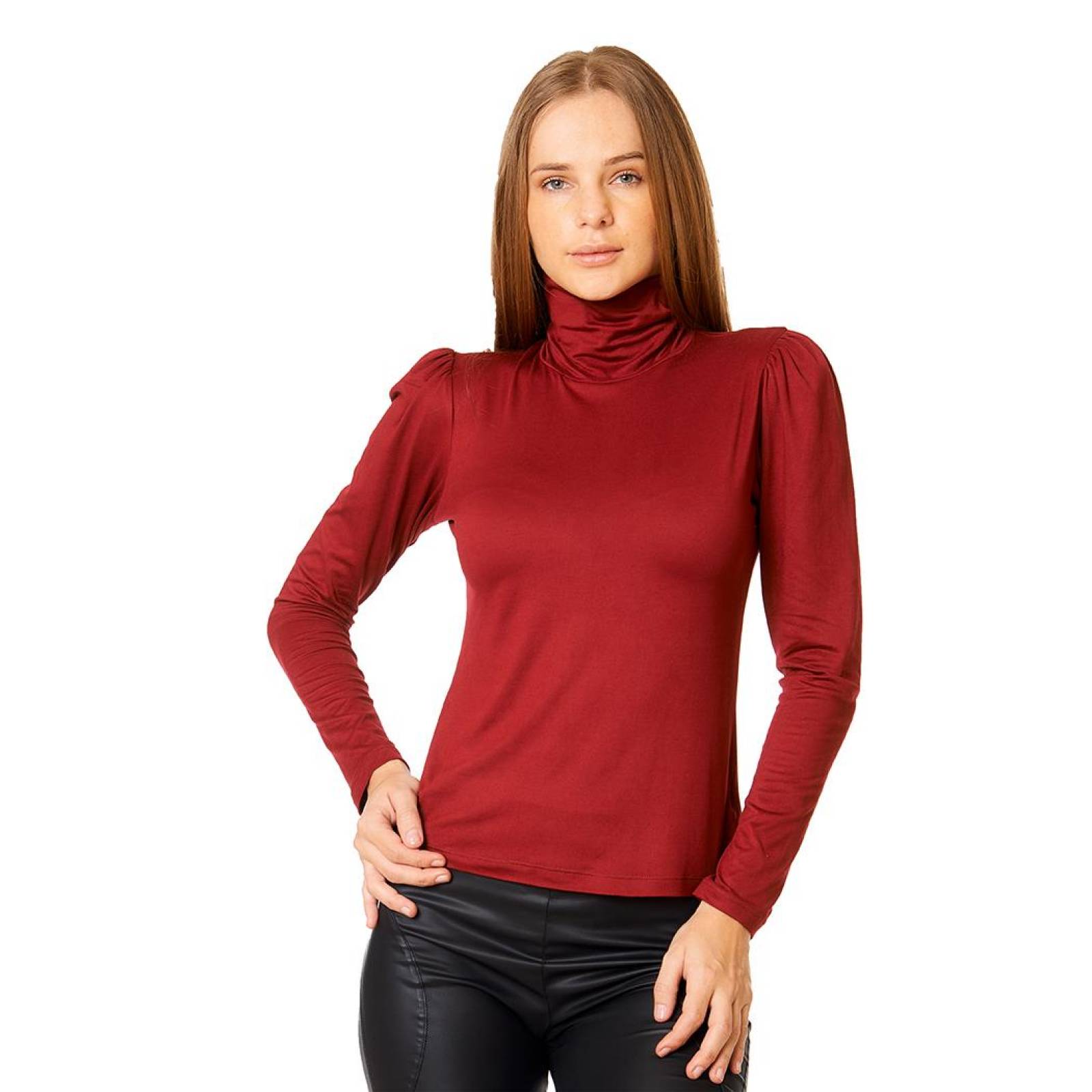 Blusa Mujer Manga Larga Lisa Cuello Alto Casual Vino