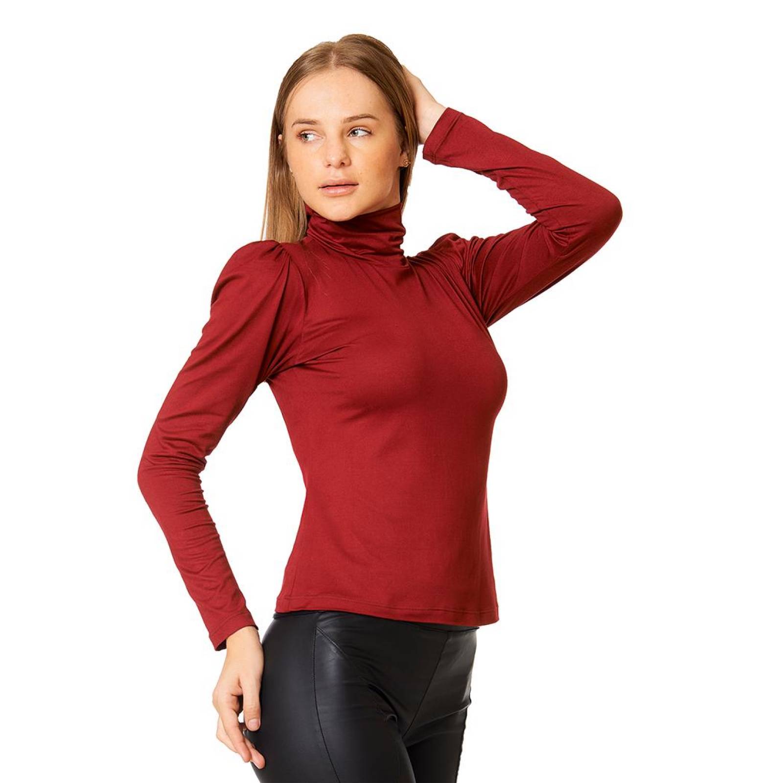 Blusa Mujer Manga Larga Lisa Cuello Alto Casual Vino
