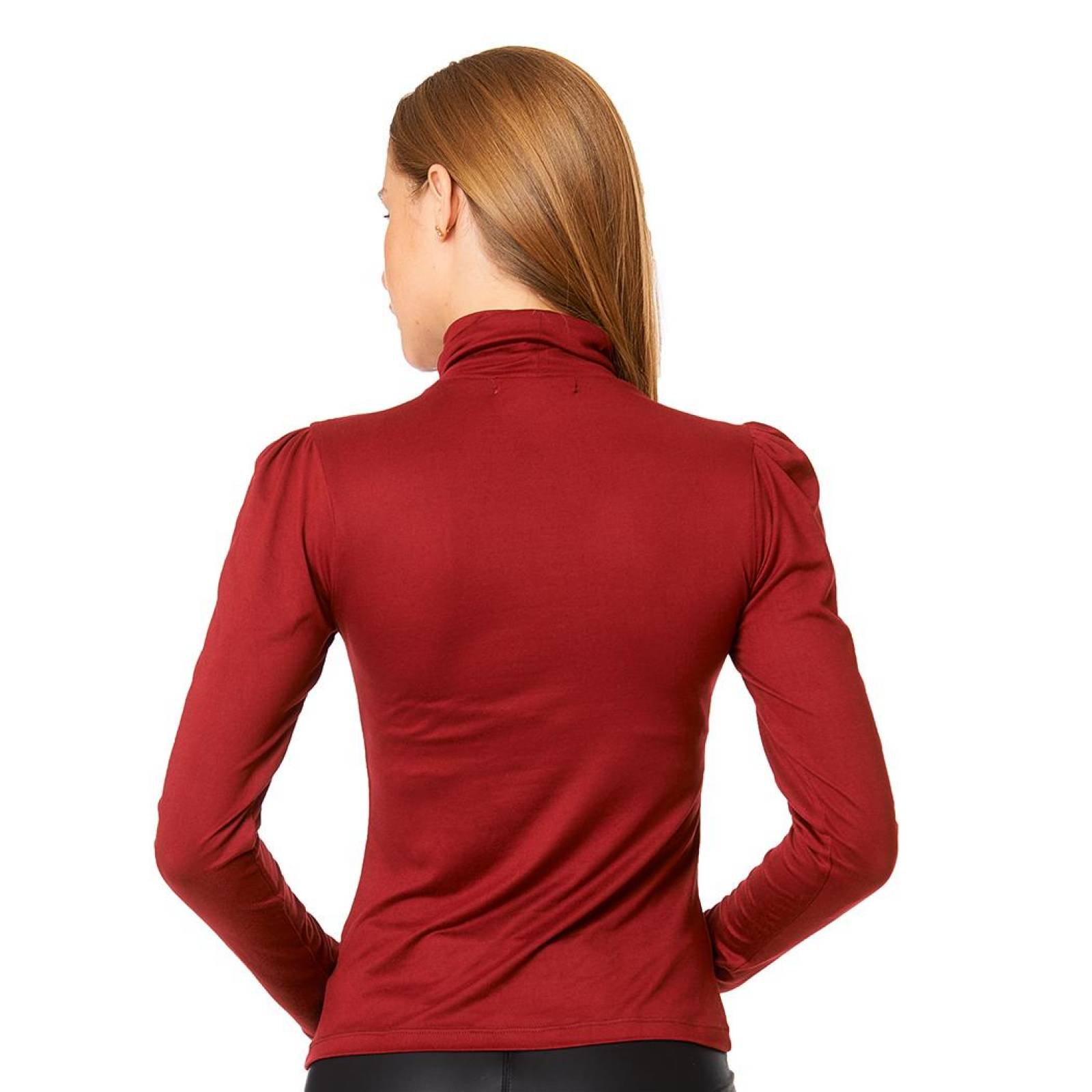 Blusa Mujer Manga Larga Lisa Cuello Alto Casual Vino