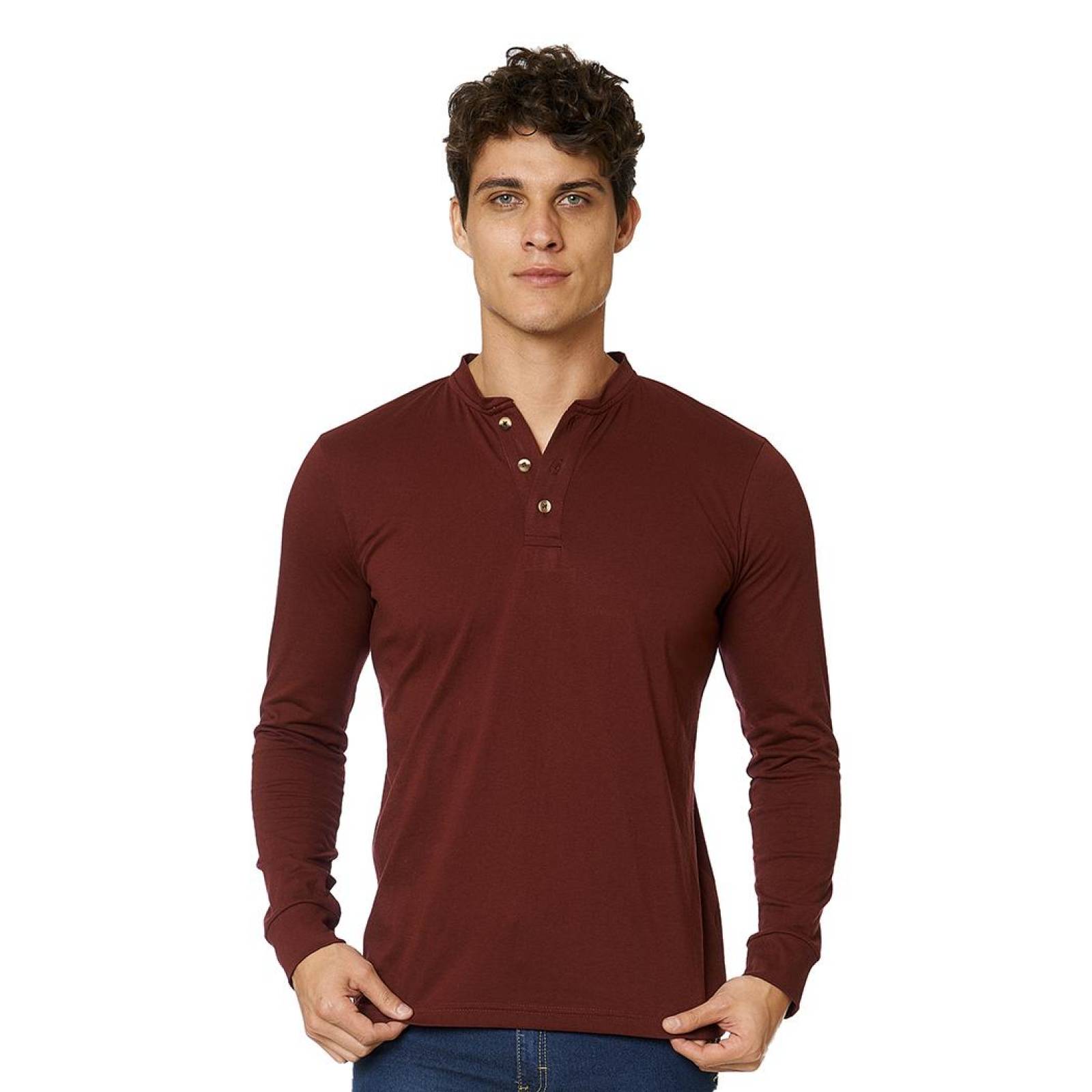 Playera Hombre cuello henley, manga larga color Vino 