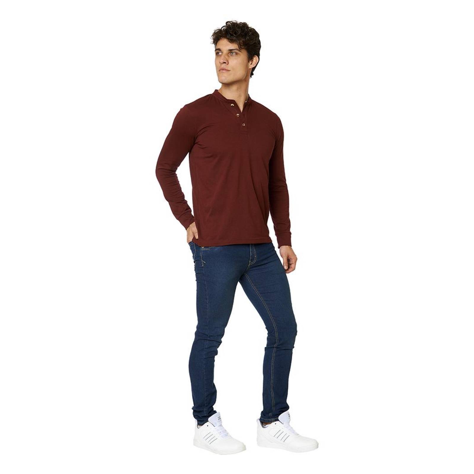 Playera Hombre cuello henley, manga larga color Vino 