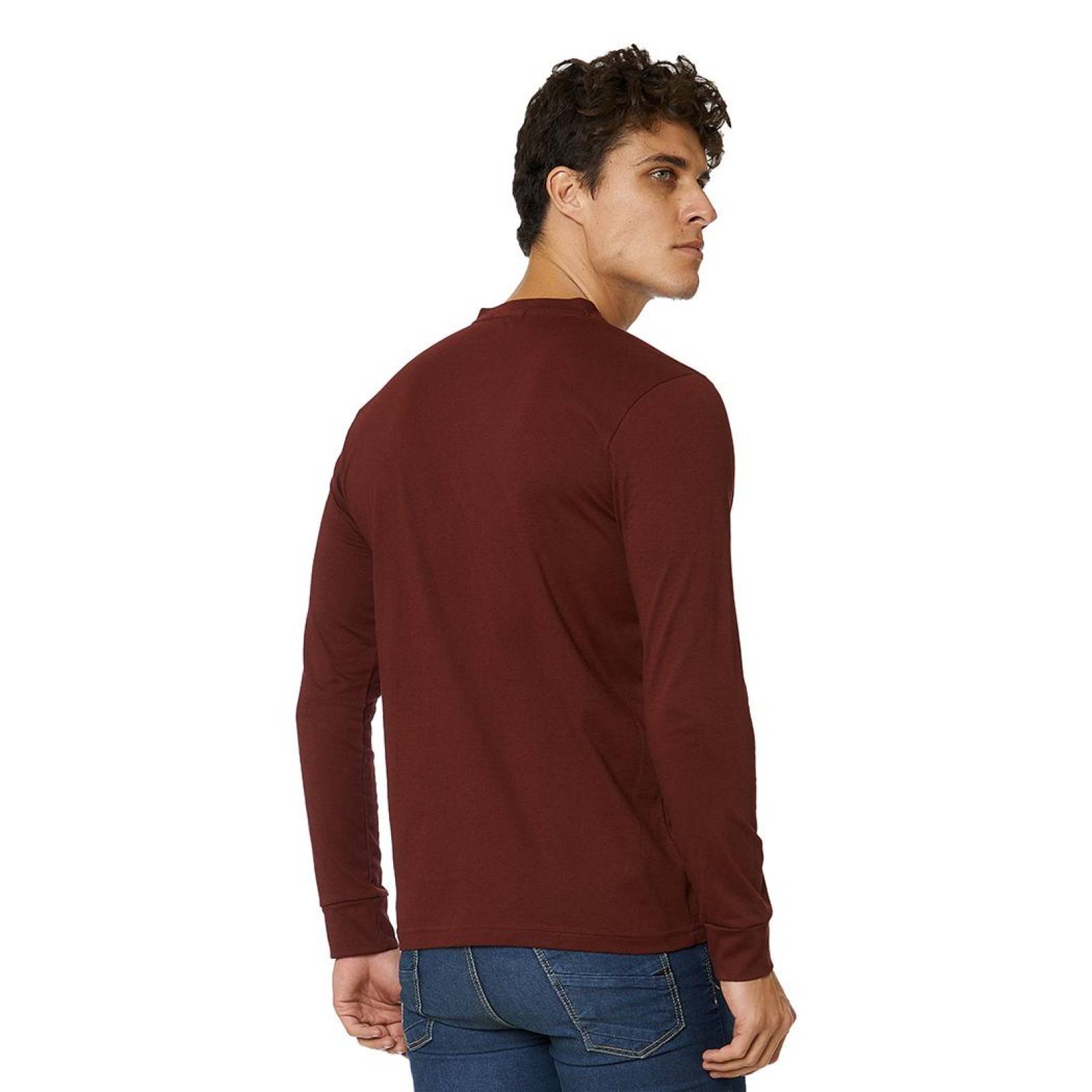 Playera Hombre cuello henley, manga larga color Vino 