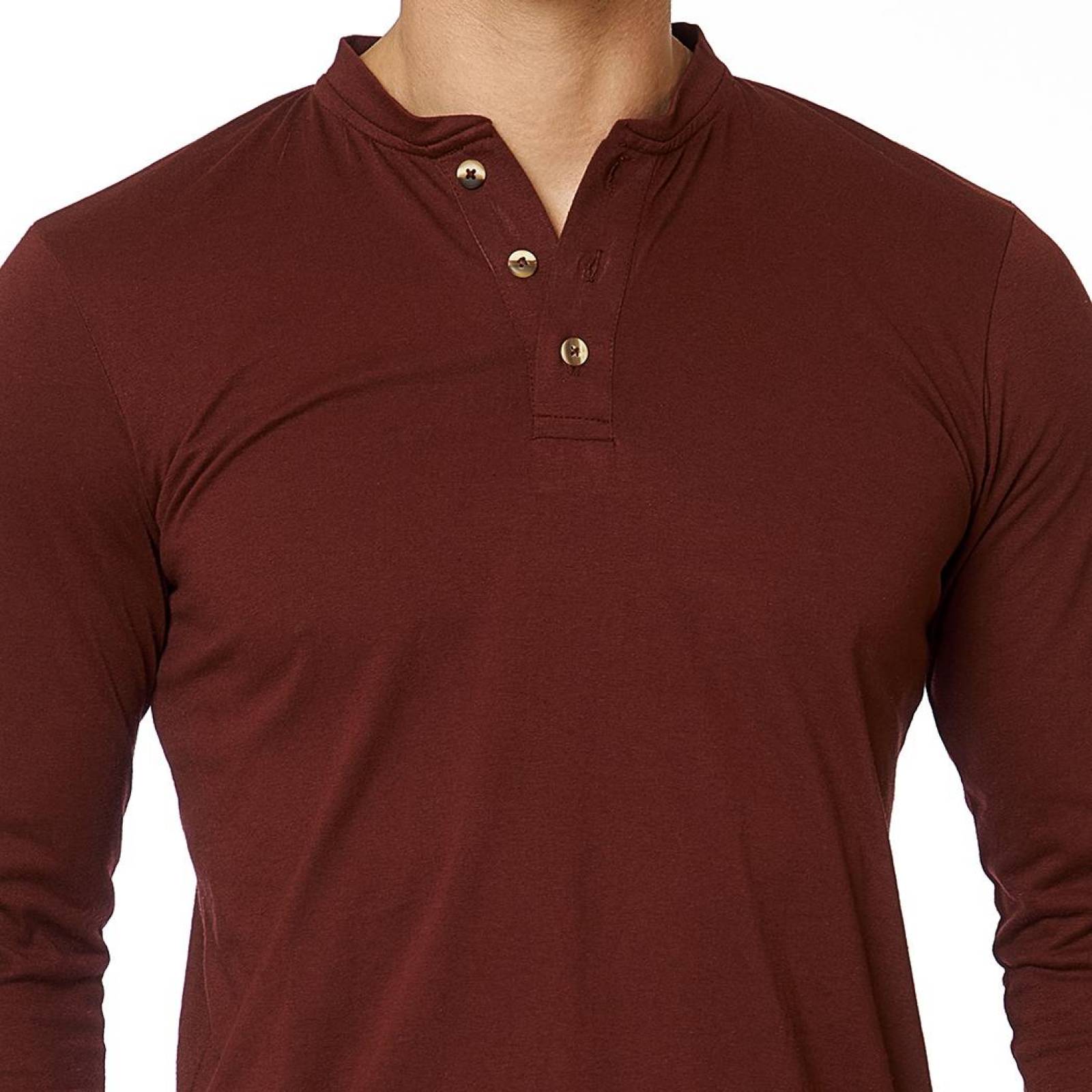 Playera Hombre cuello henley, manga larga color Vino 